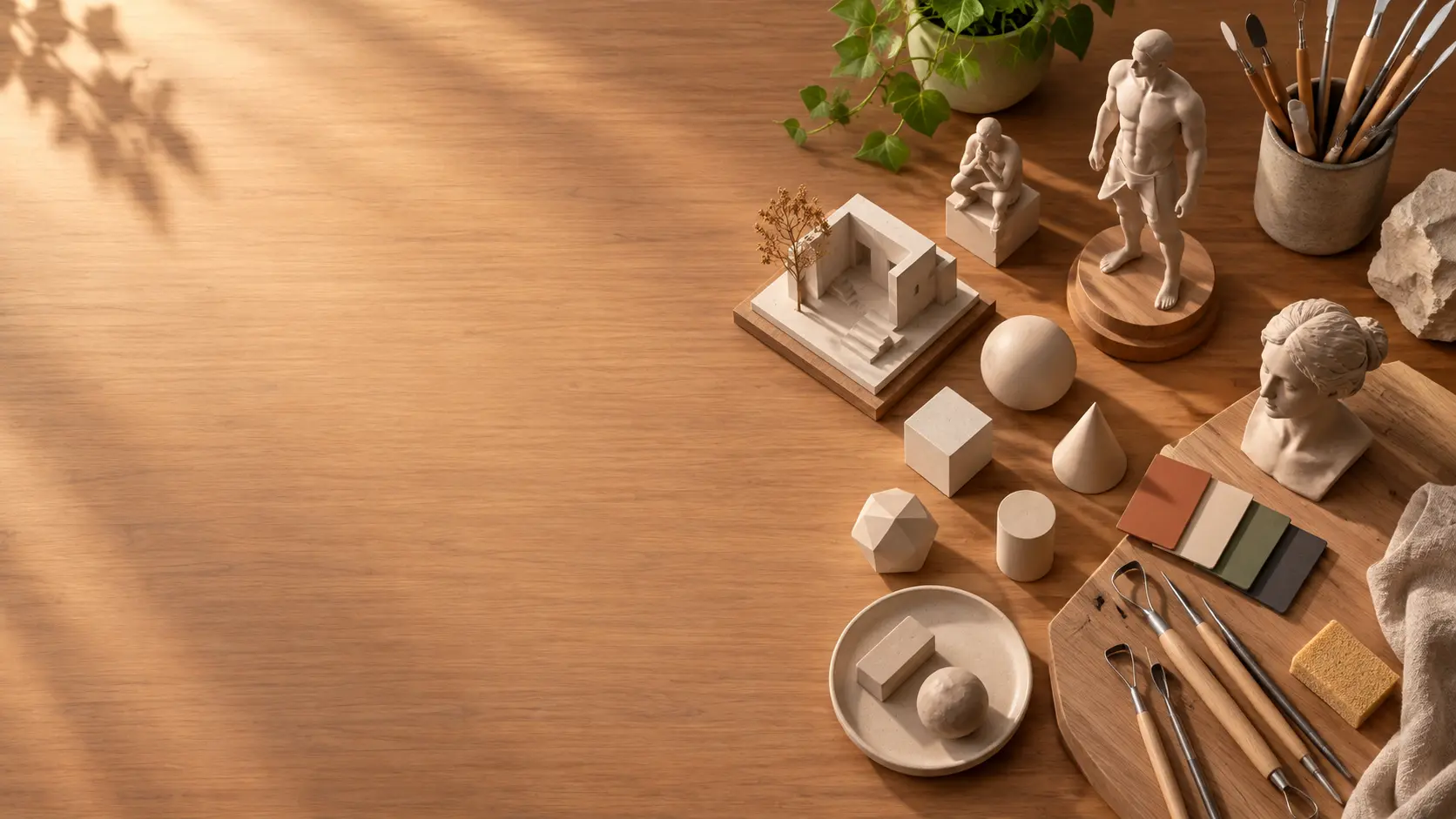 3D image generator concept workspace with sculpted forms and color studies
