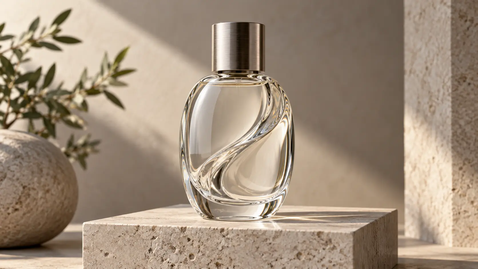 Sculpted glass bottle with a brushed metal cap showing depth and controlled studio reflections