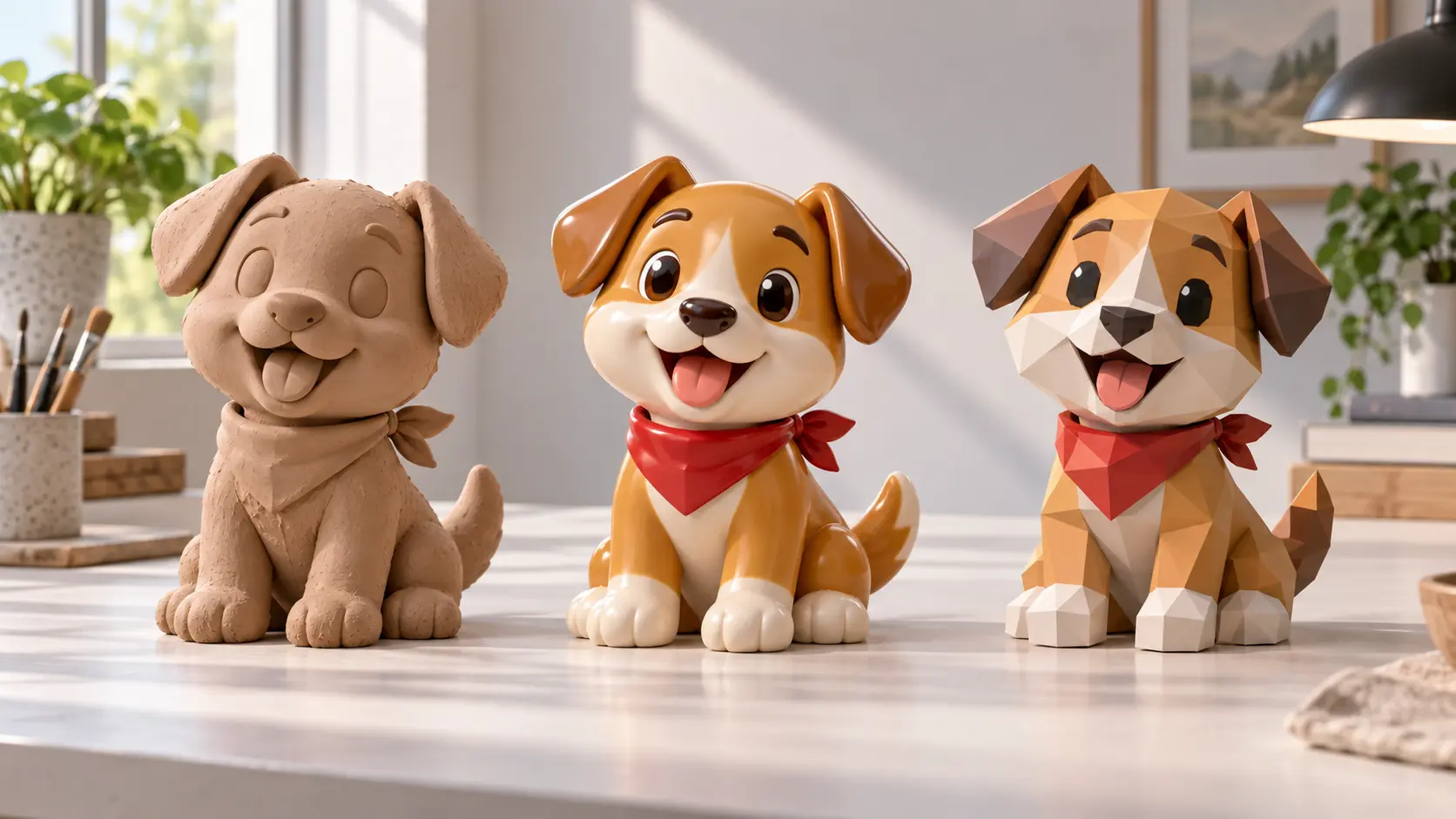 Three versions of one mascot design in clay, glossy toy, and low-poly 3D styles