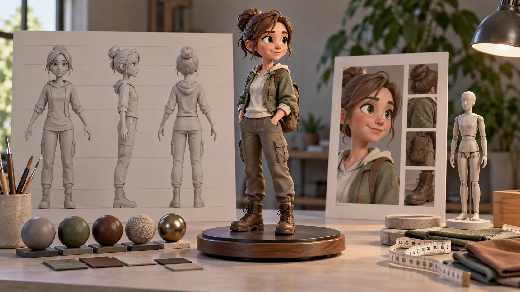 3D character maquette under inspection on a turntable with proportion guides and material samples
