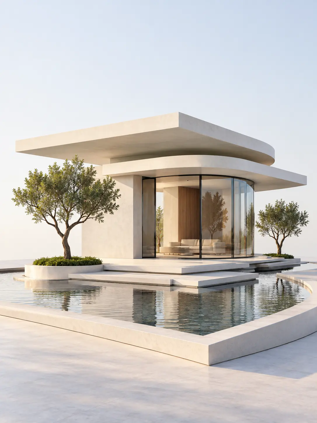 3D image generator visualizing a compact modern pavilion with layered geometric forms