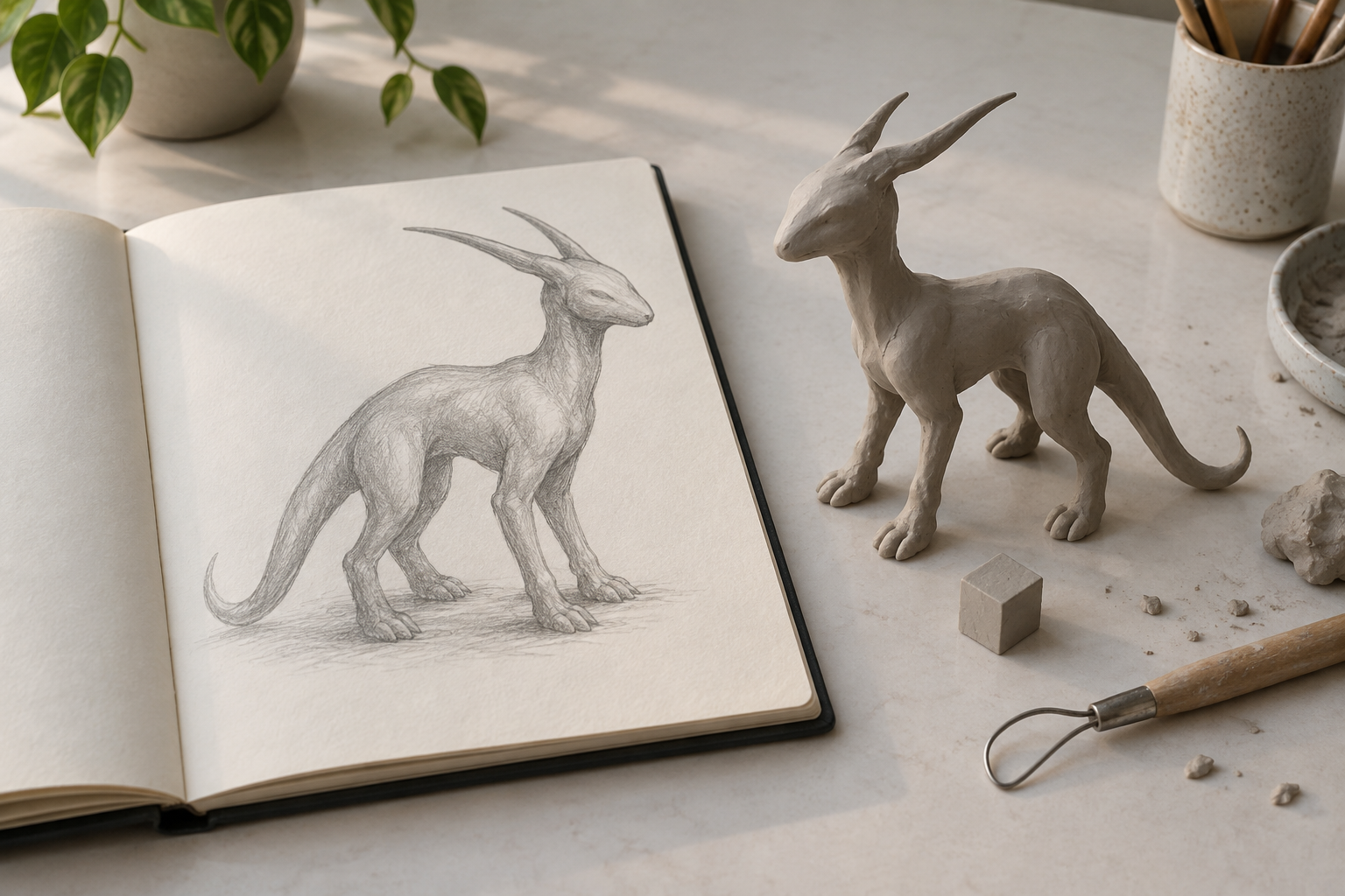 Simple 3D creature silhouette sketched beside a small clay maquette on a designer's table