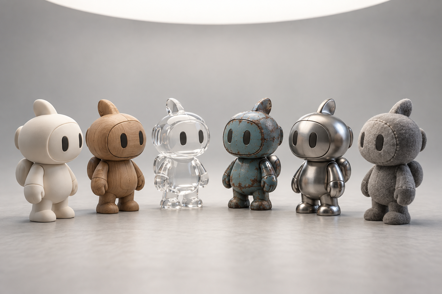 Several original 3D character maquettes arranged under studio light for comparison