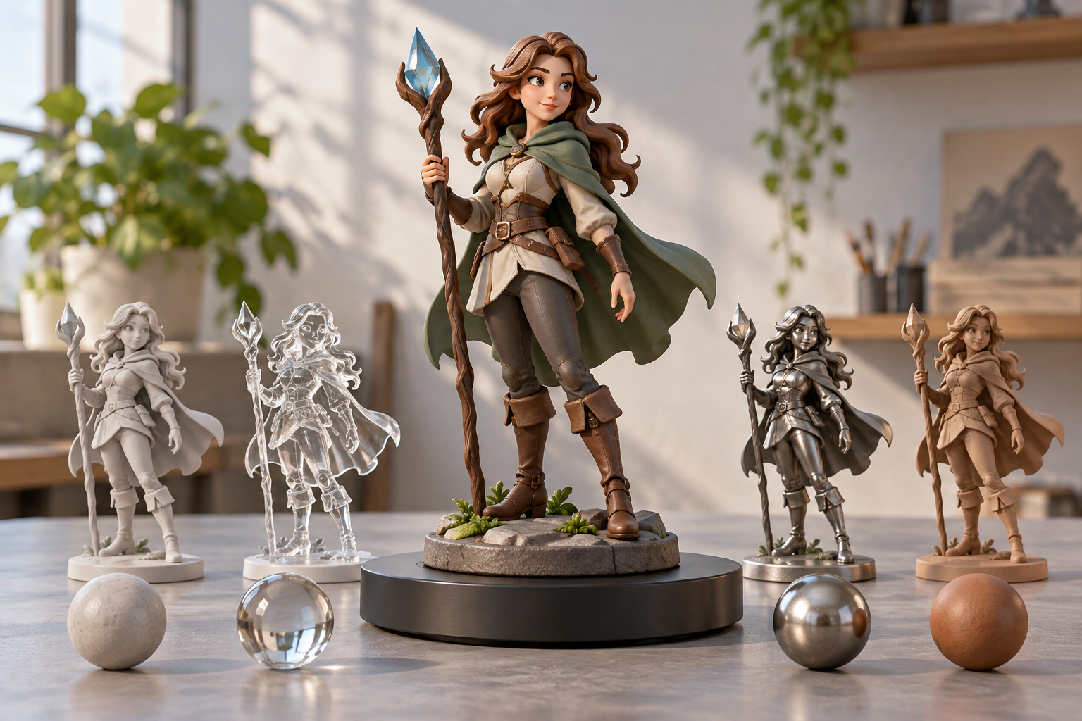 Selected 3D character maquette on a turntable with alternative material chips nearby