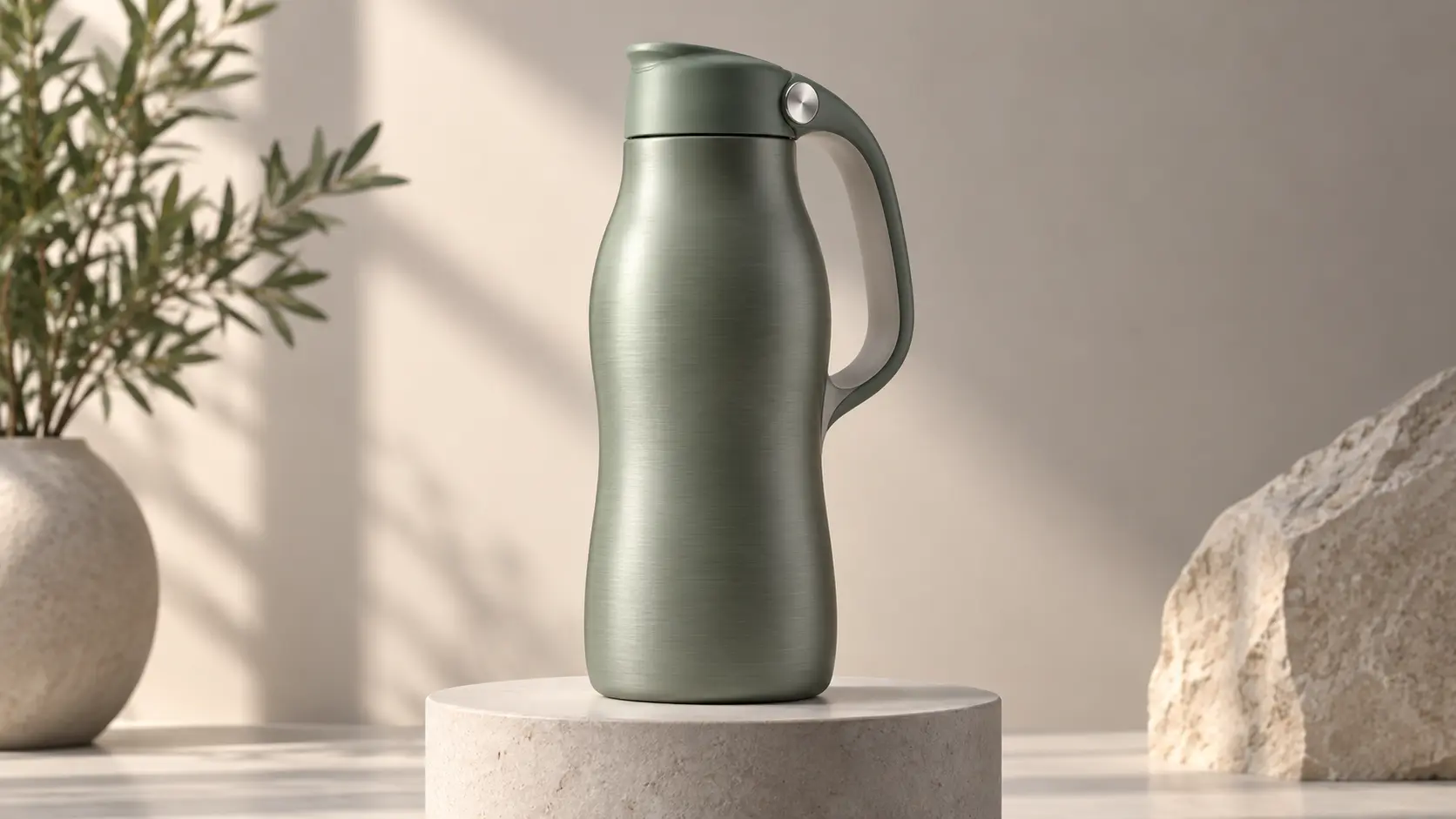 Dimensional product concept with a sculpted bottle and integrated handle on a pedestal