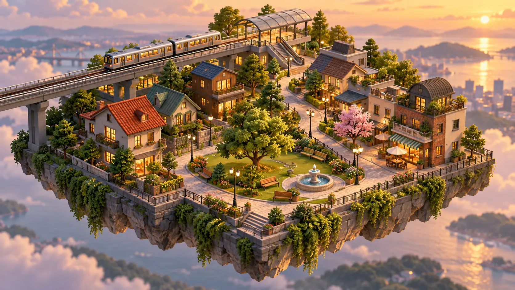 Tiny isometric neighborhood with a park, rail line, and warm evening windows