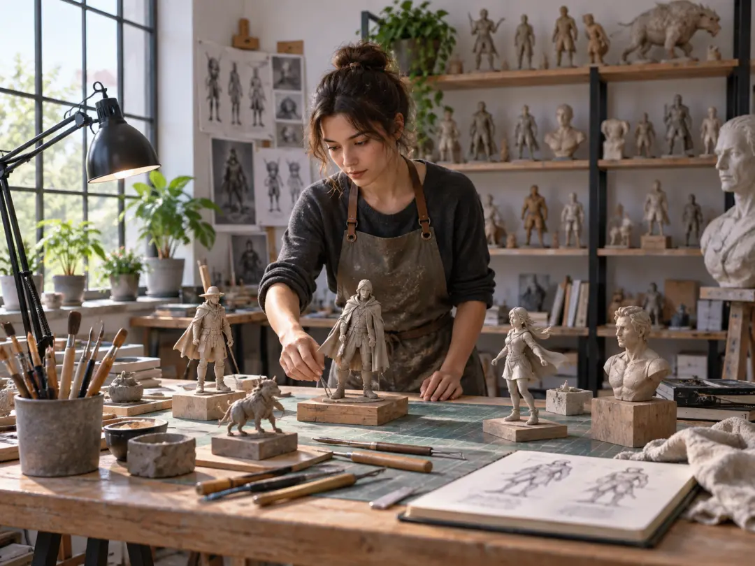 Concept artist arranging small character maquettes and sculpting tools in a daylight studio