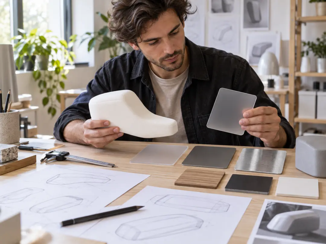 Product designer comparing a foam model with translucent and brushed material samples