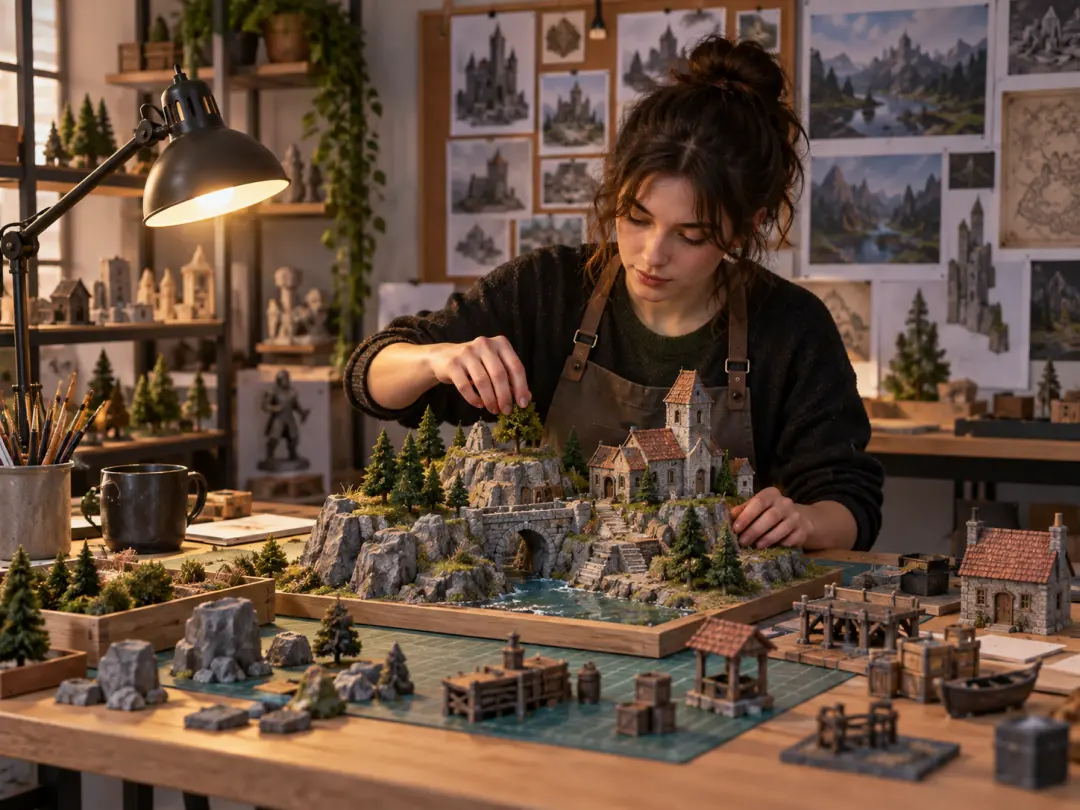 Game artist arranging miniature architecture and props for a low-poly environment study