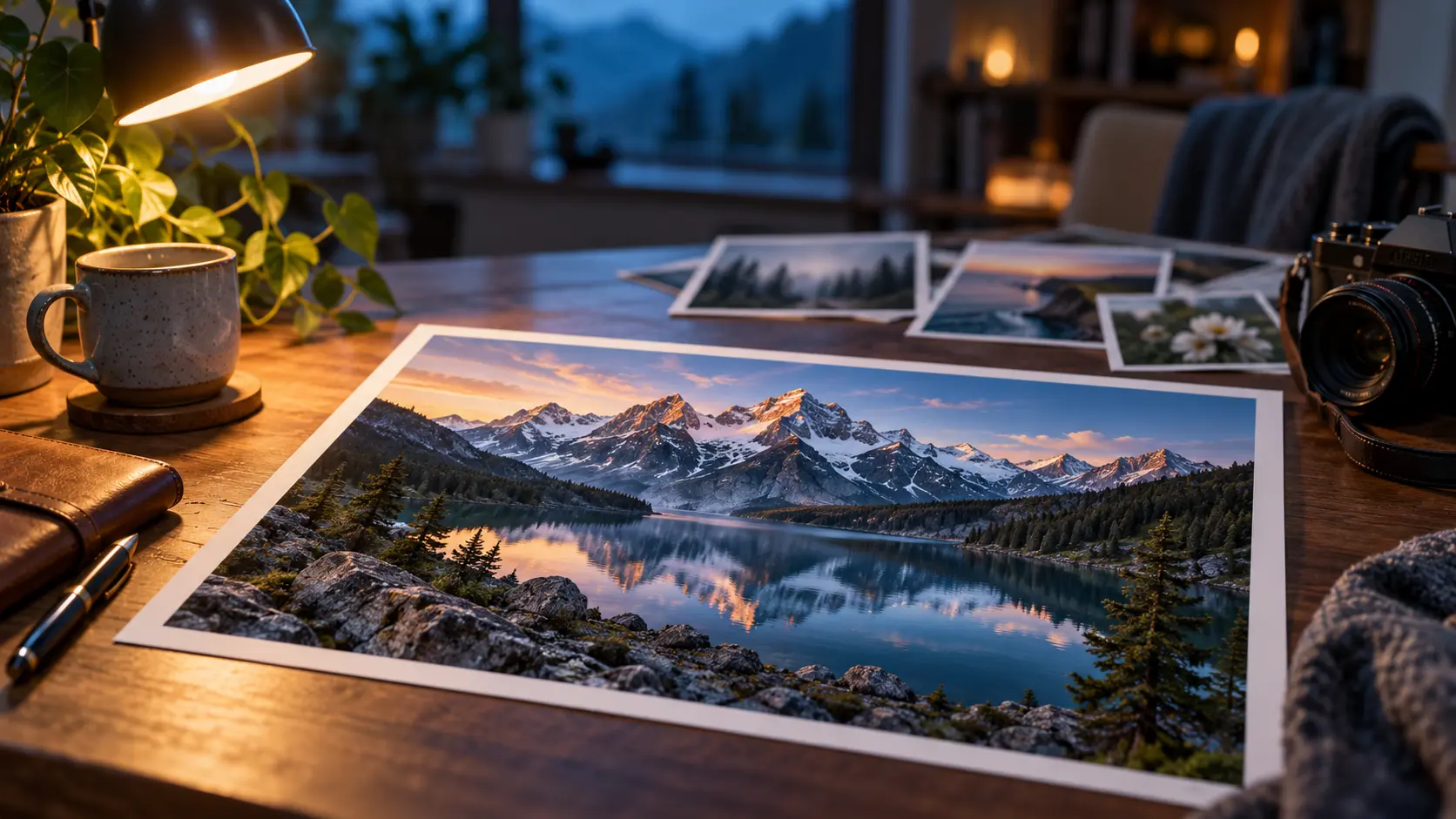 Large 4K image upscaler workspace with photo prints and high-resolution display samples