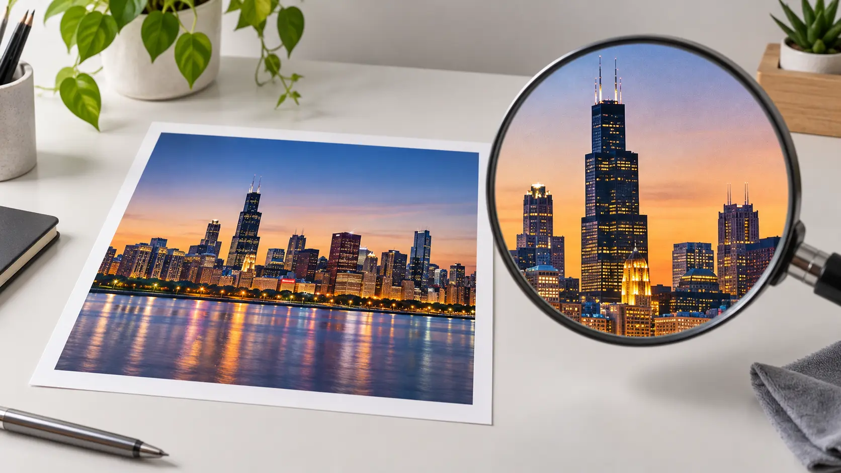 Small photo beside a larger 4K image upscaler result with matching framing