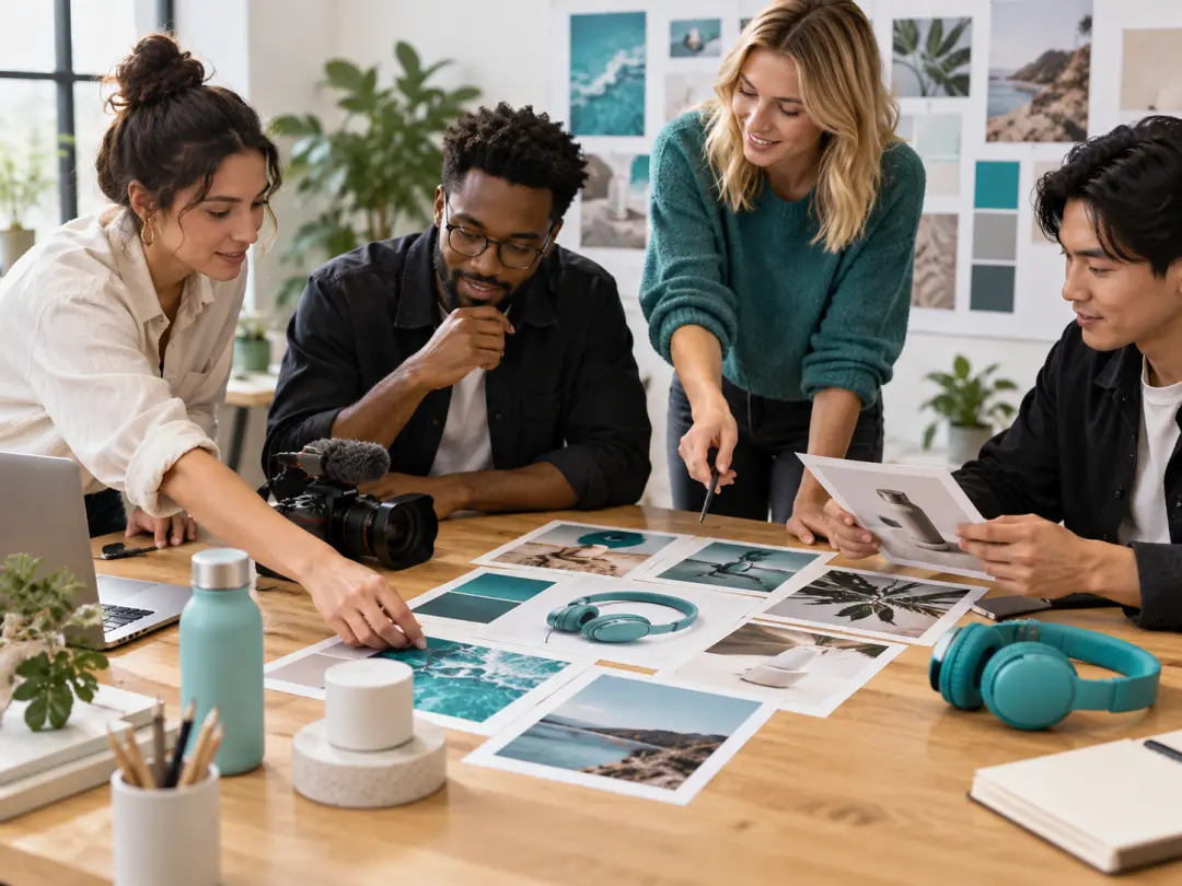 Marketing team shaping a campaign video with image and audio references