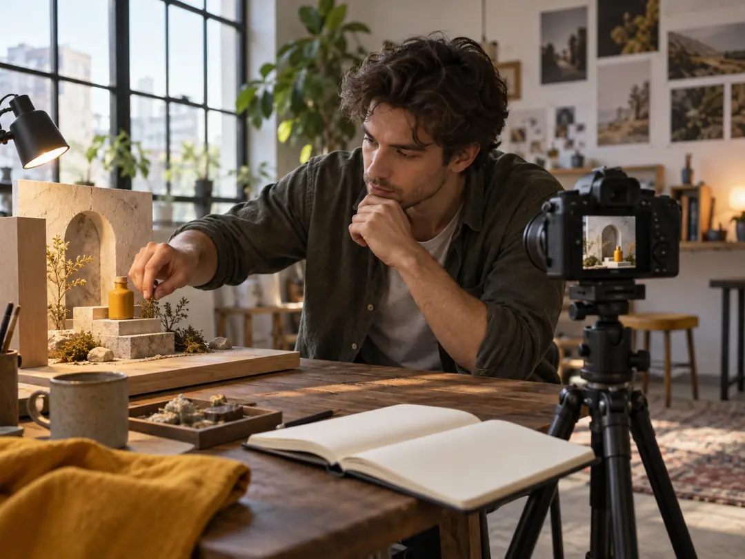 Independent creator developing a product concept video from a blank prompt