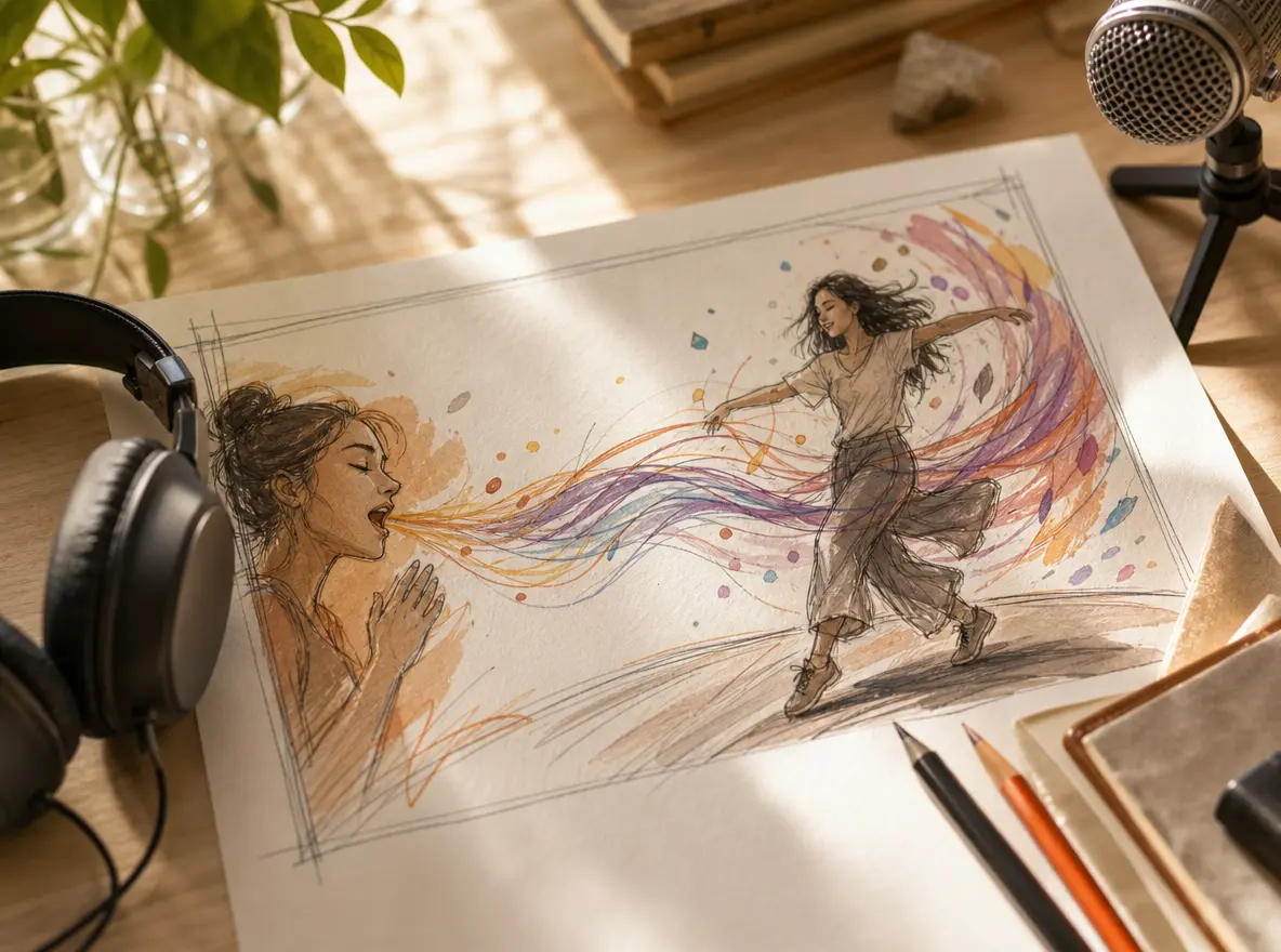 Creative direction connecting audio emotion and visual movement in a generated scene