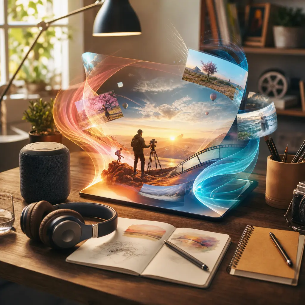 Audio-led video scene with a music track guiding bright visual references in VideoAI