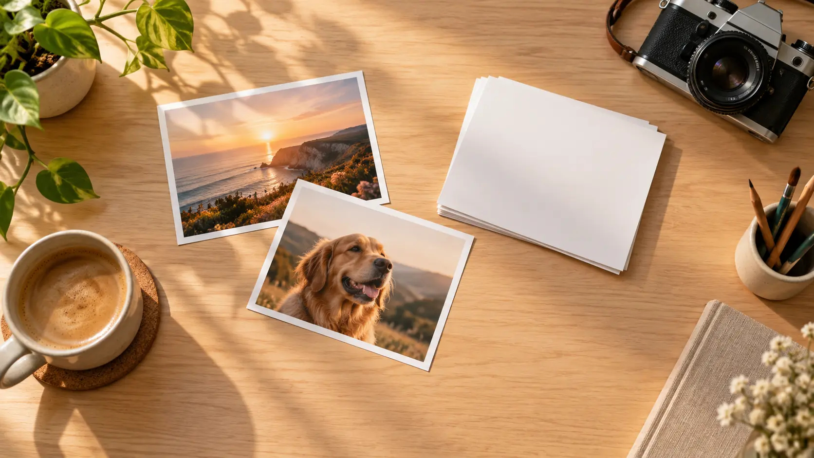 AI add to photo workspace with two printed photos being combined into one scene