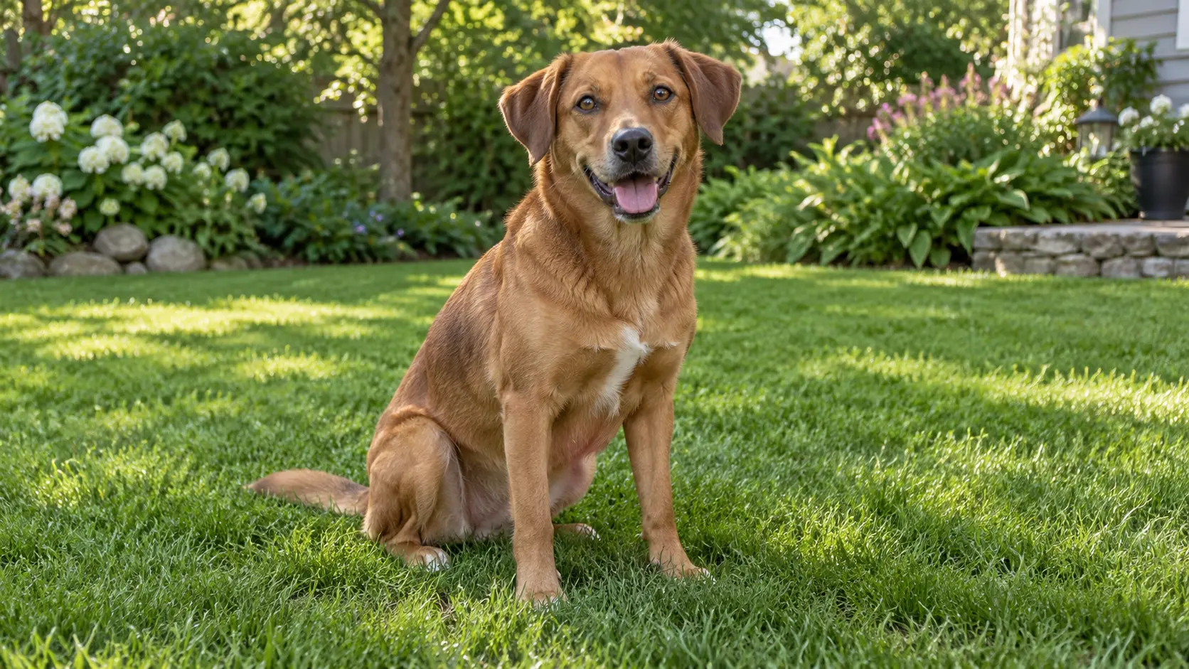 AI add to photo moving a dog from one photo into a garden scene