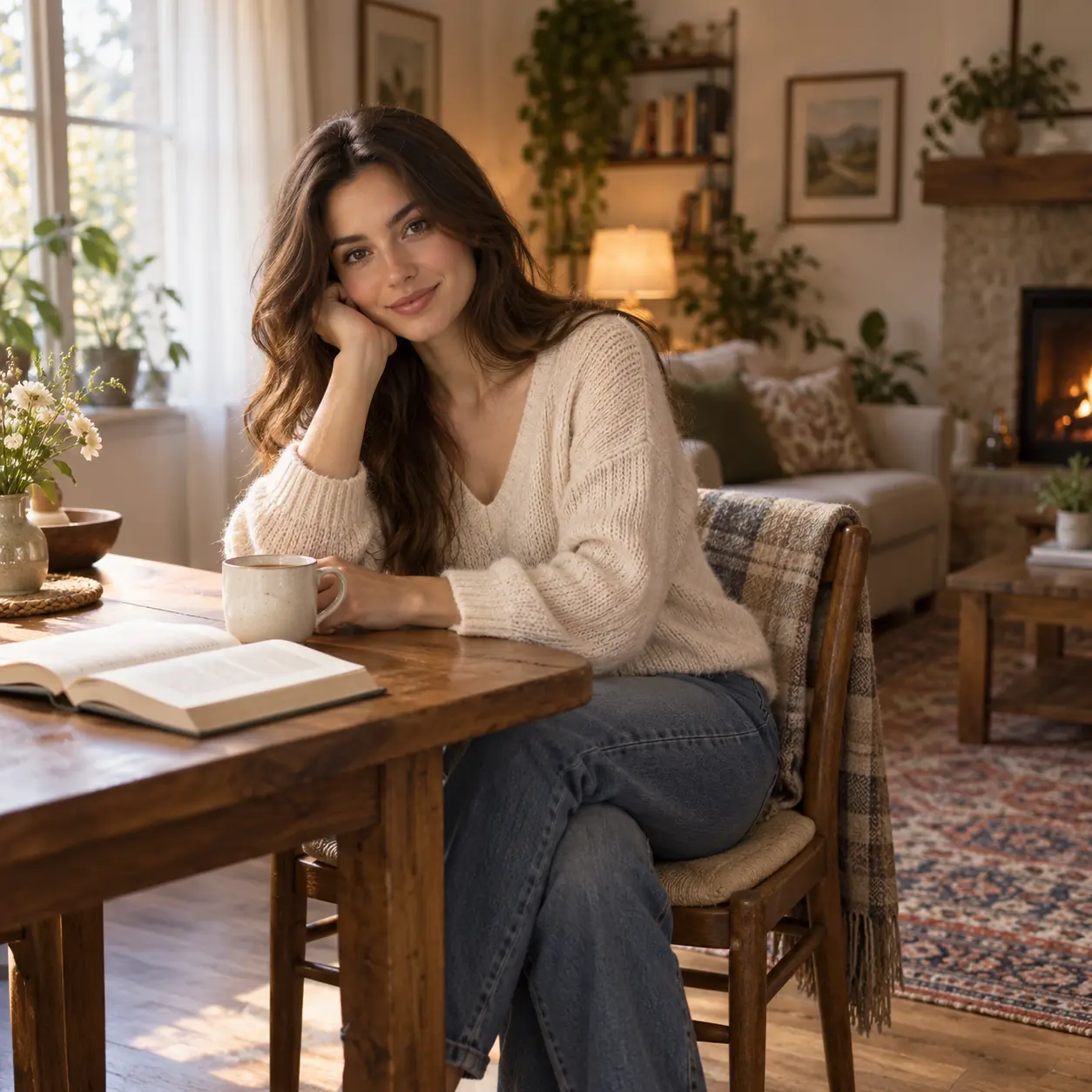 AI add to photo placing a person from a second picture into a warm indoor scene