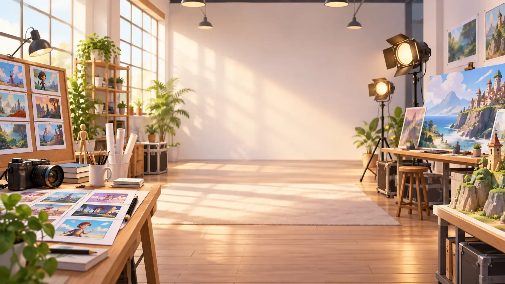 Bright business animation studio with product references and finished video scenes