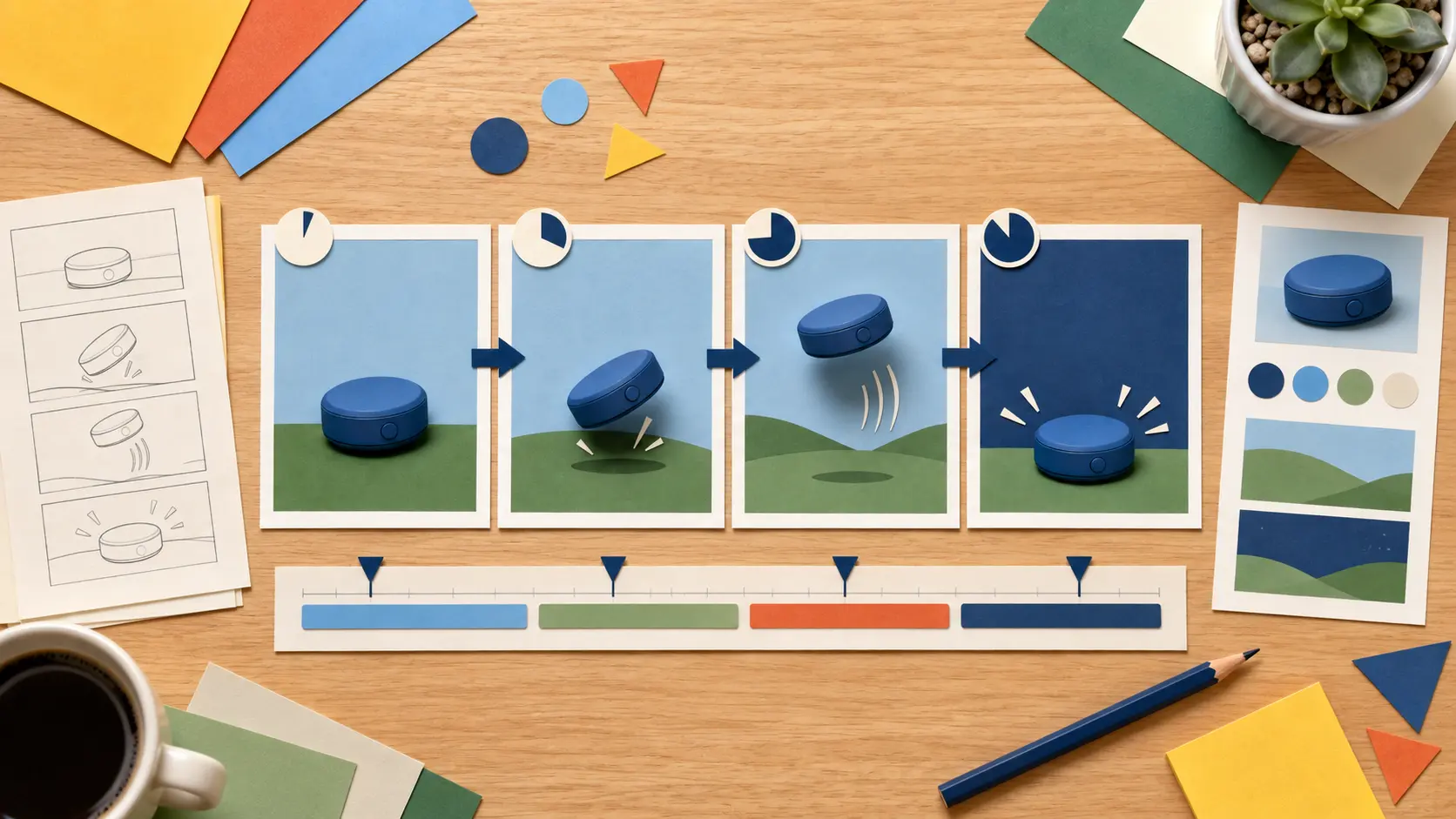 Timed business animation scenes with product actions, text, and logo references
