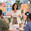 Marketing team planning a campaign animation with product visuals and short text