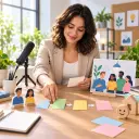 Training team arranging onboarding scenes with narration and process visuals