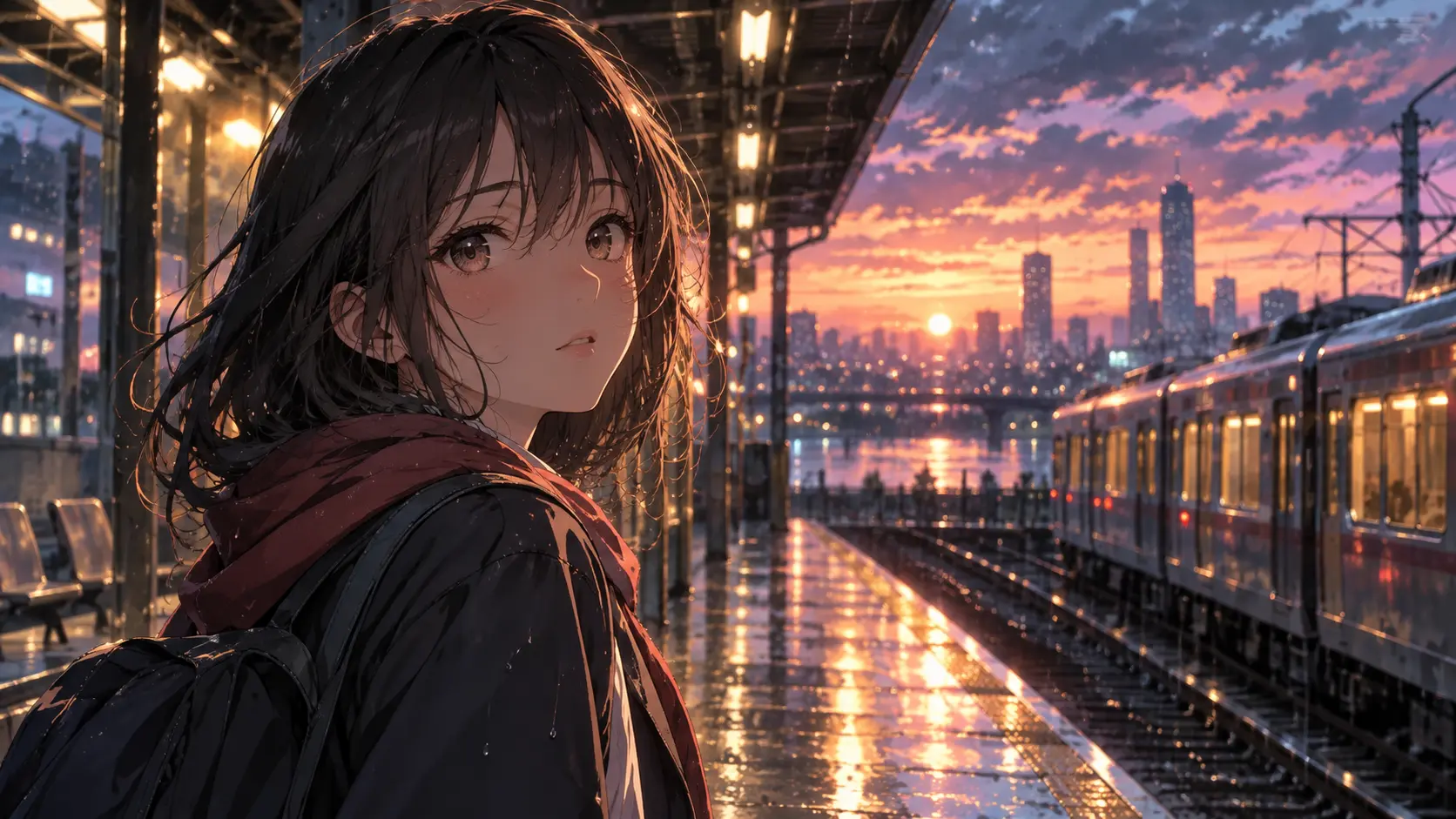 Anime heroine at a rainlit railway station in evening light