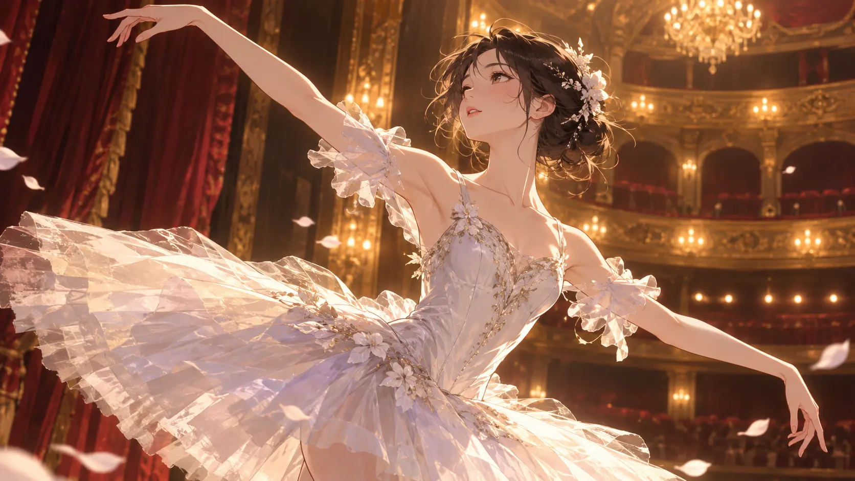 Ballerina in a grand theater captured mid-performance