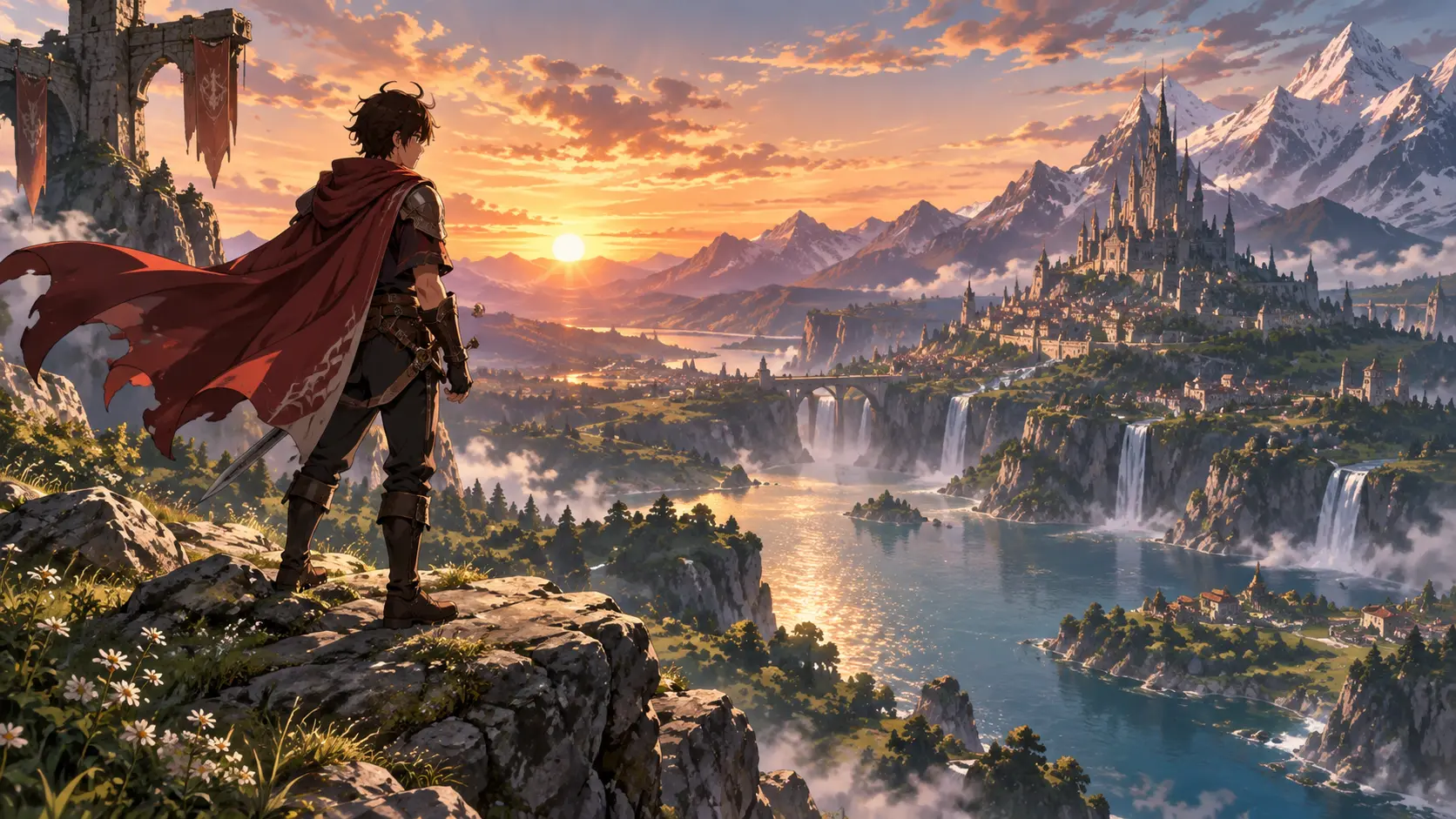 Anime hero overlooking a vast fantasy valley at sunrise