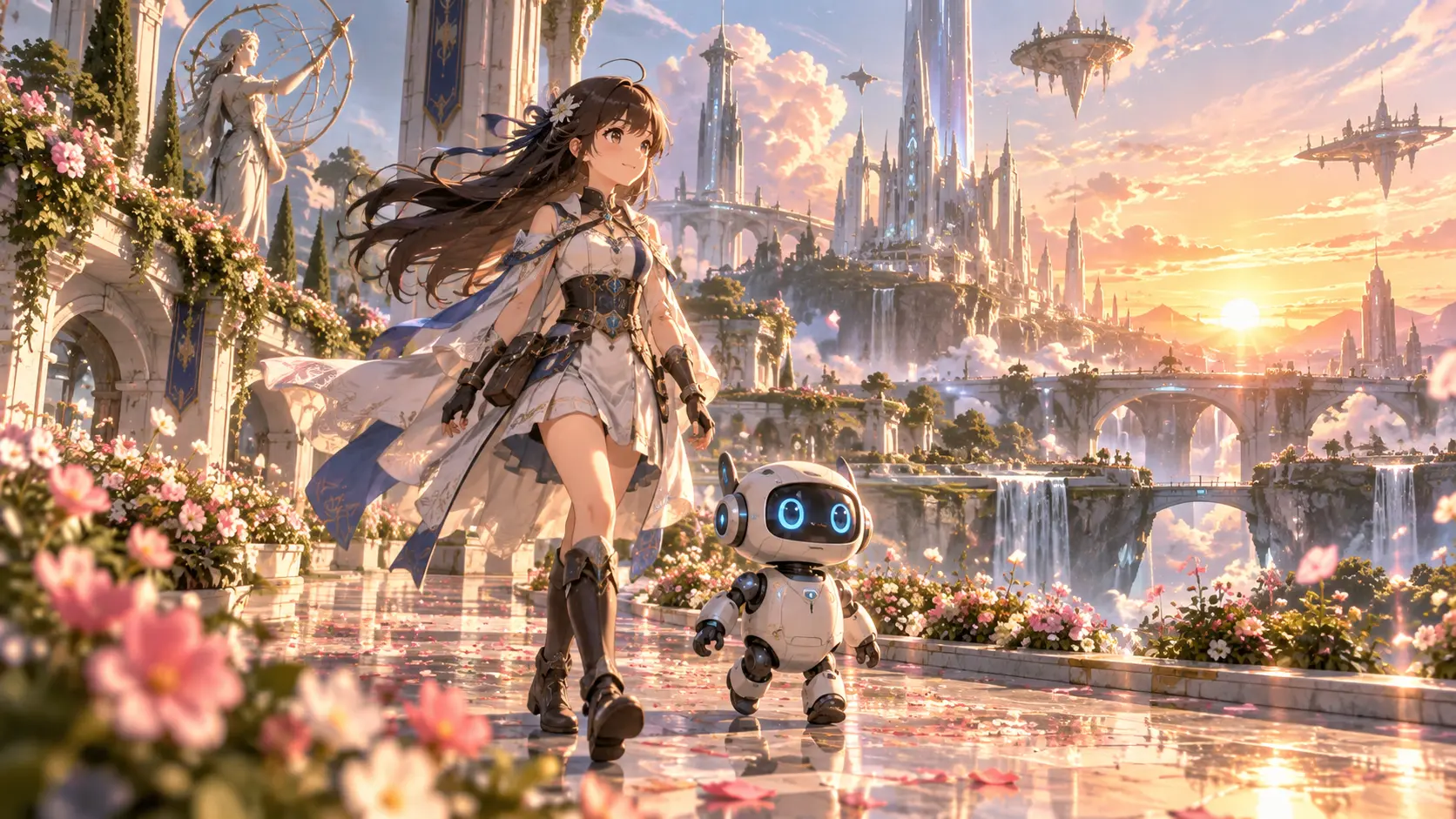 Adventurer walking through a luminous flower-filled city