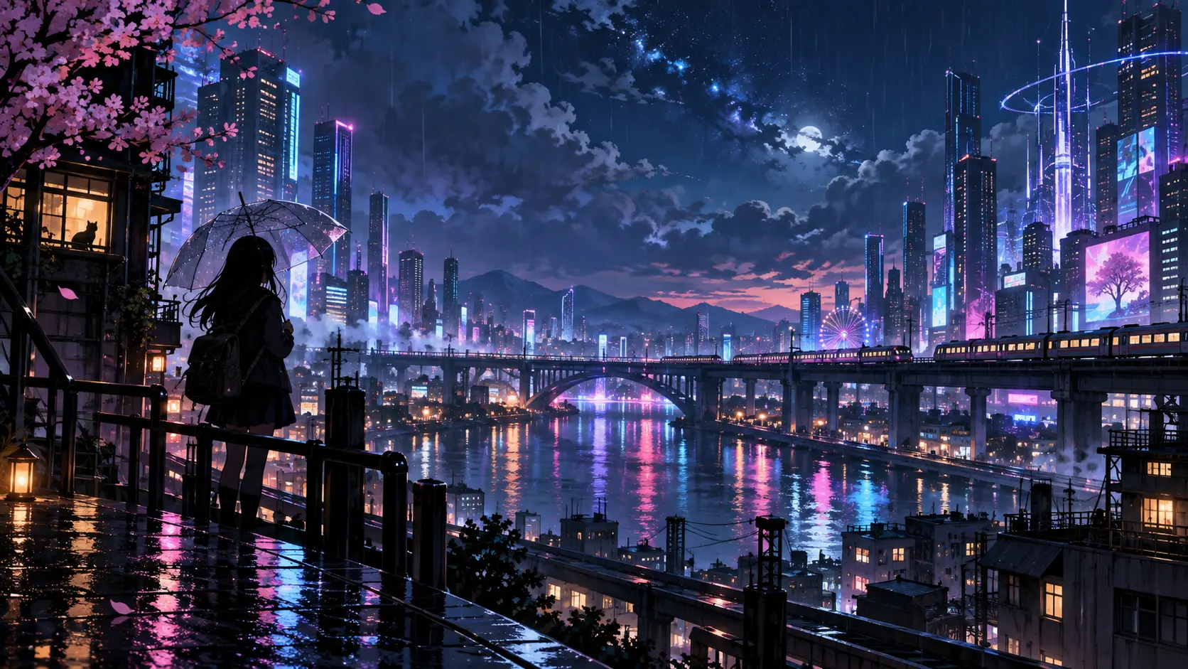 AI anime image generator wide anime city scene with neon reflections and open composition