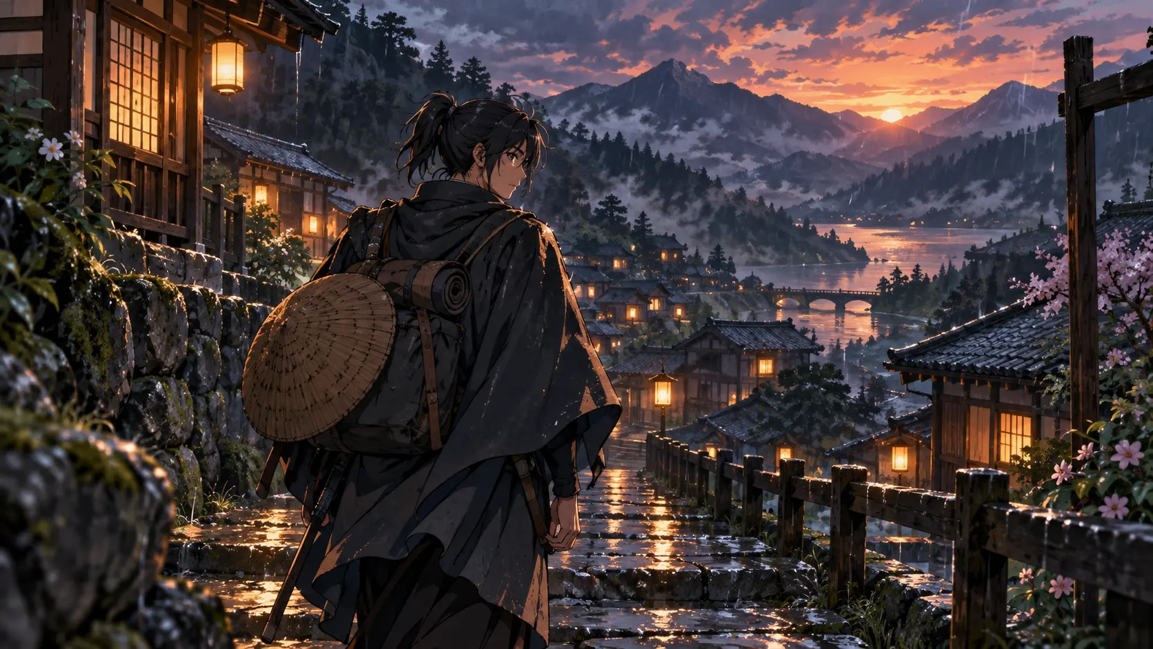 Traveler walking through a lantern-lit anime village at sunset