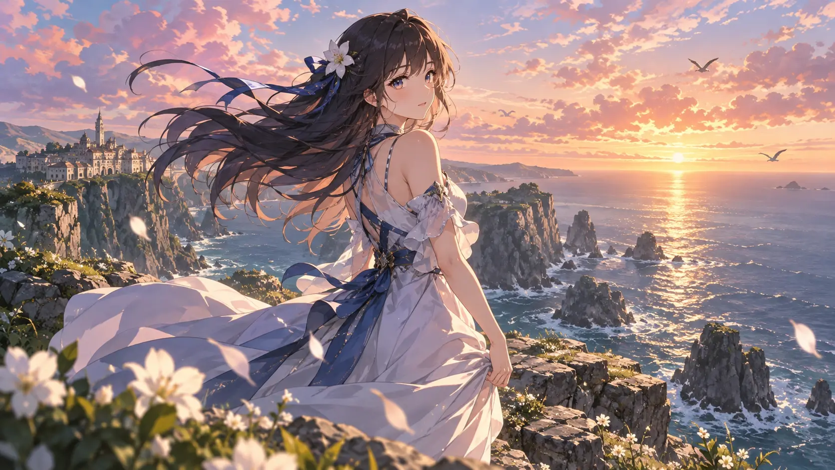 Anime character by a bright coastal horizon with a sweeping sky