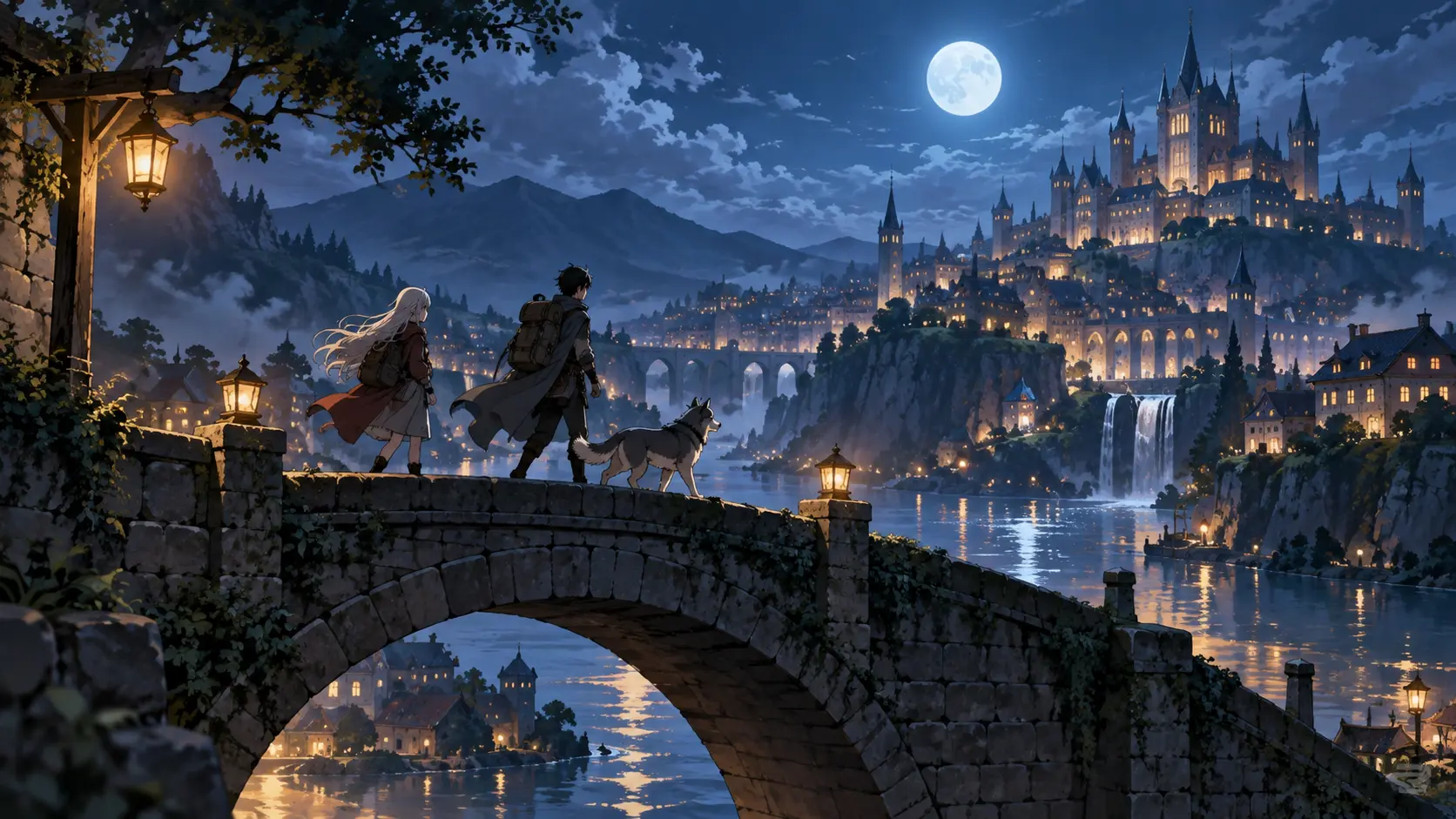 Travelers crossing a moonlit stone bridge toward a fantasy city