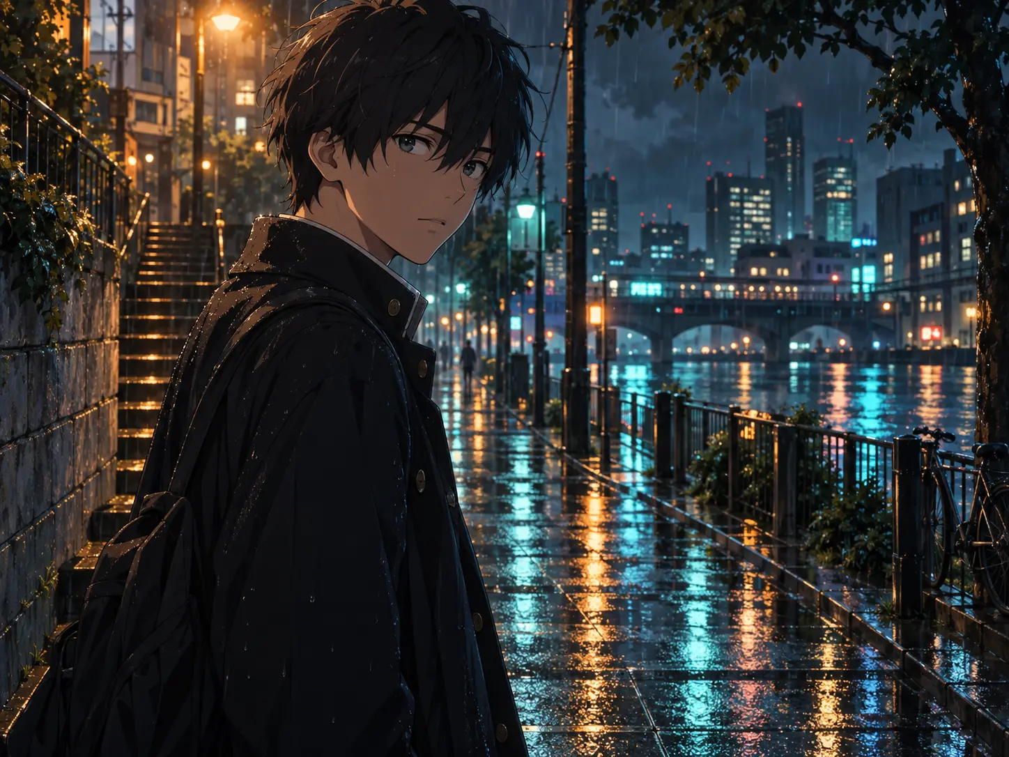 AI anime image generator city scene with a student standing in rainlit neon