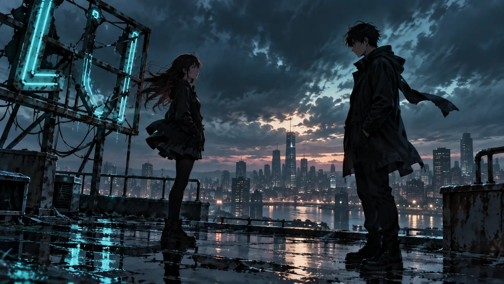 Street scene with two anime characters in rain-slick neon light