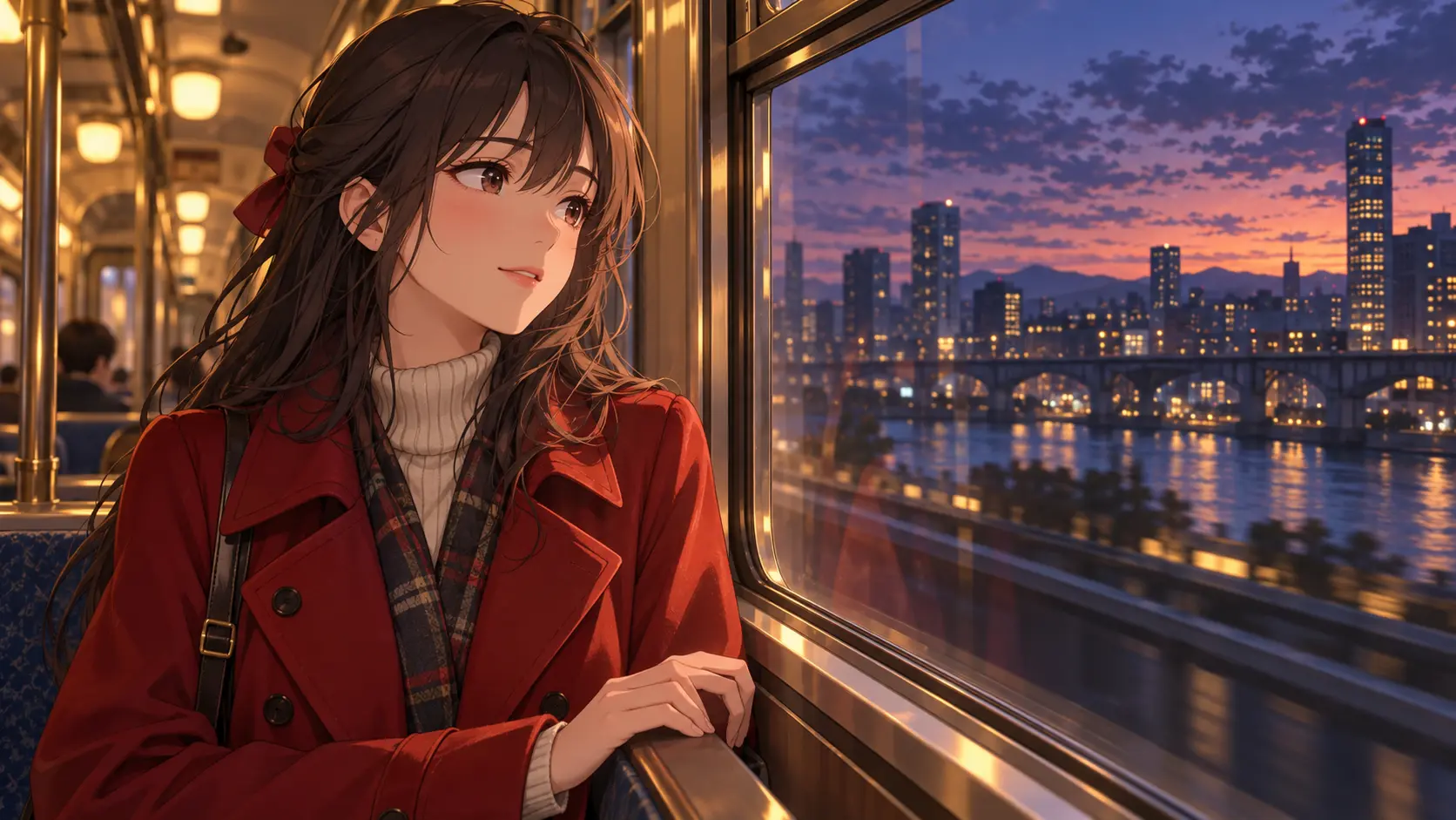 Anime heroine beside a train window at dusk