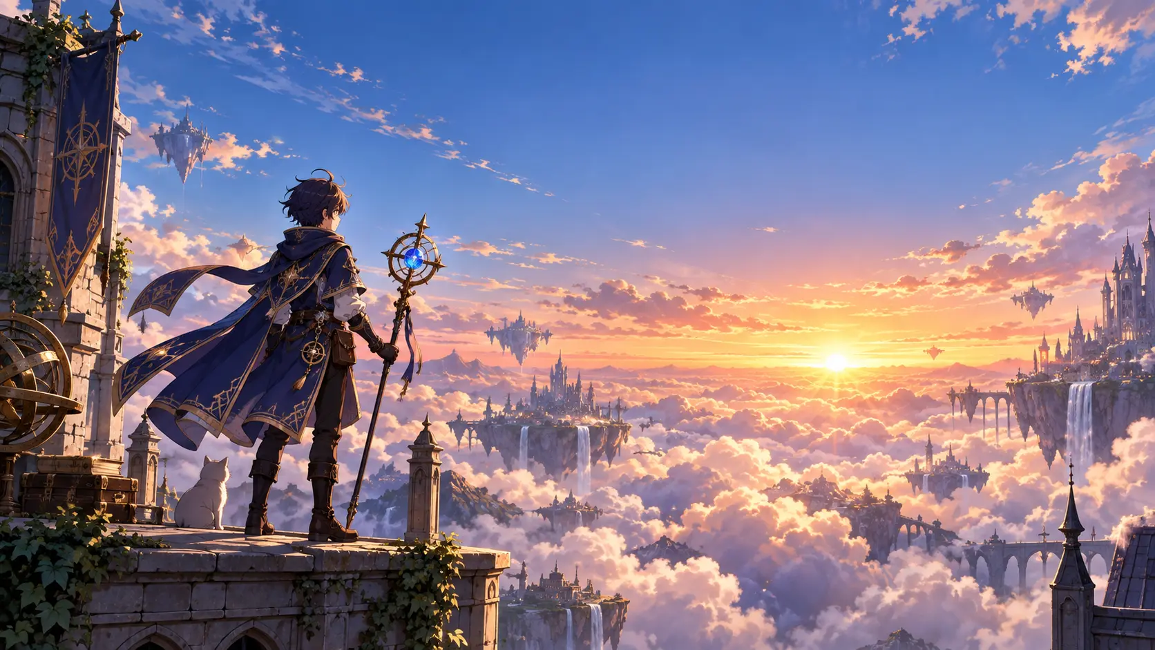 Fantasy adventurer overlooking a cloud-filled sunrise valley