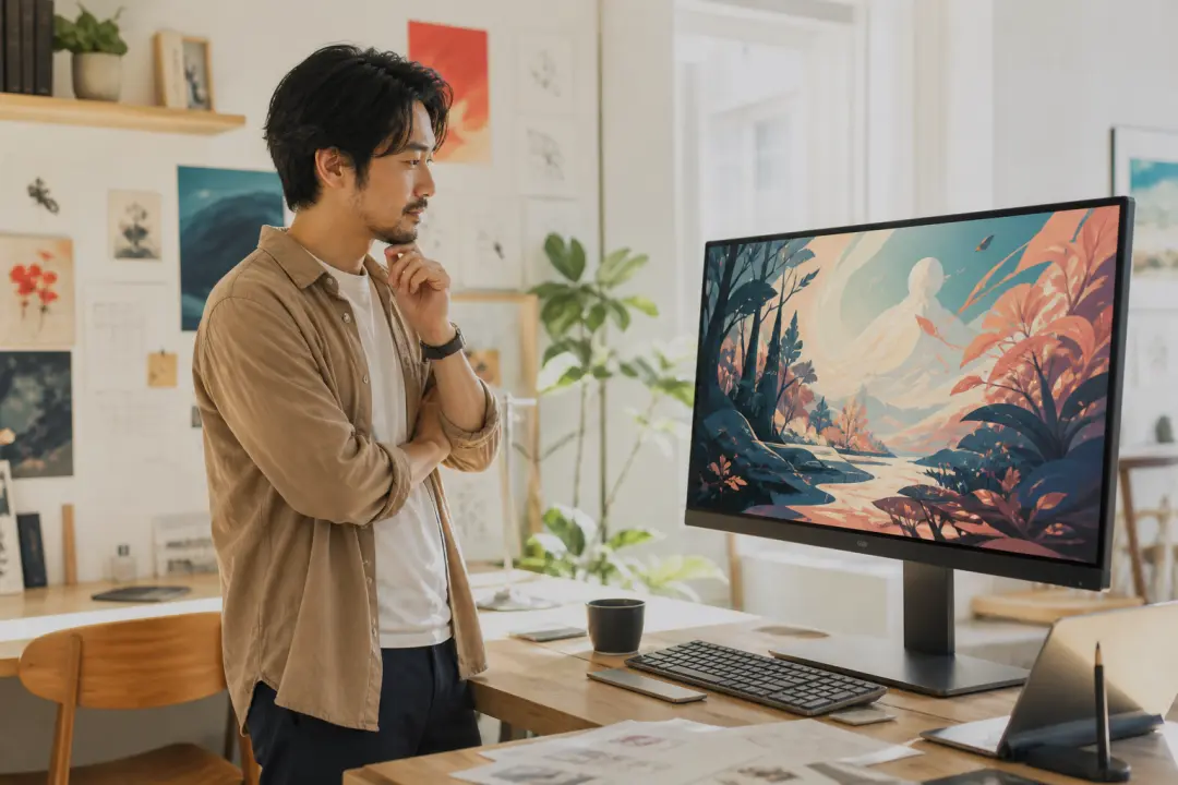Creator reviewing an AI art video draft