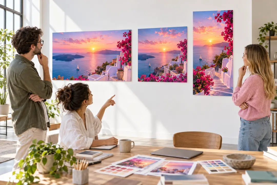 Creative team reviewing a coordinated set of stylized campaign frames