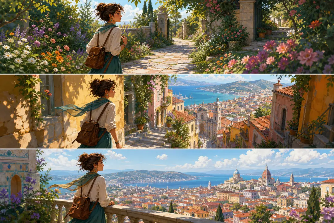 Original traveler moving through three connected illustrated story moments