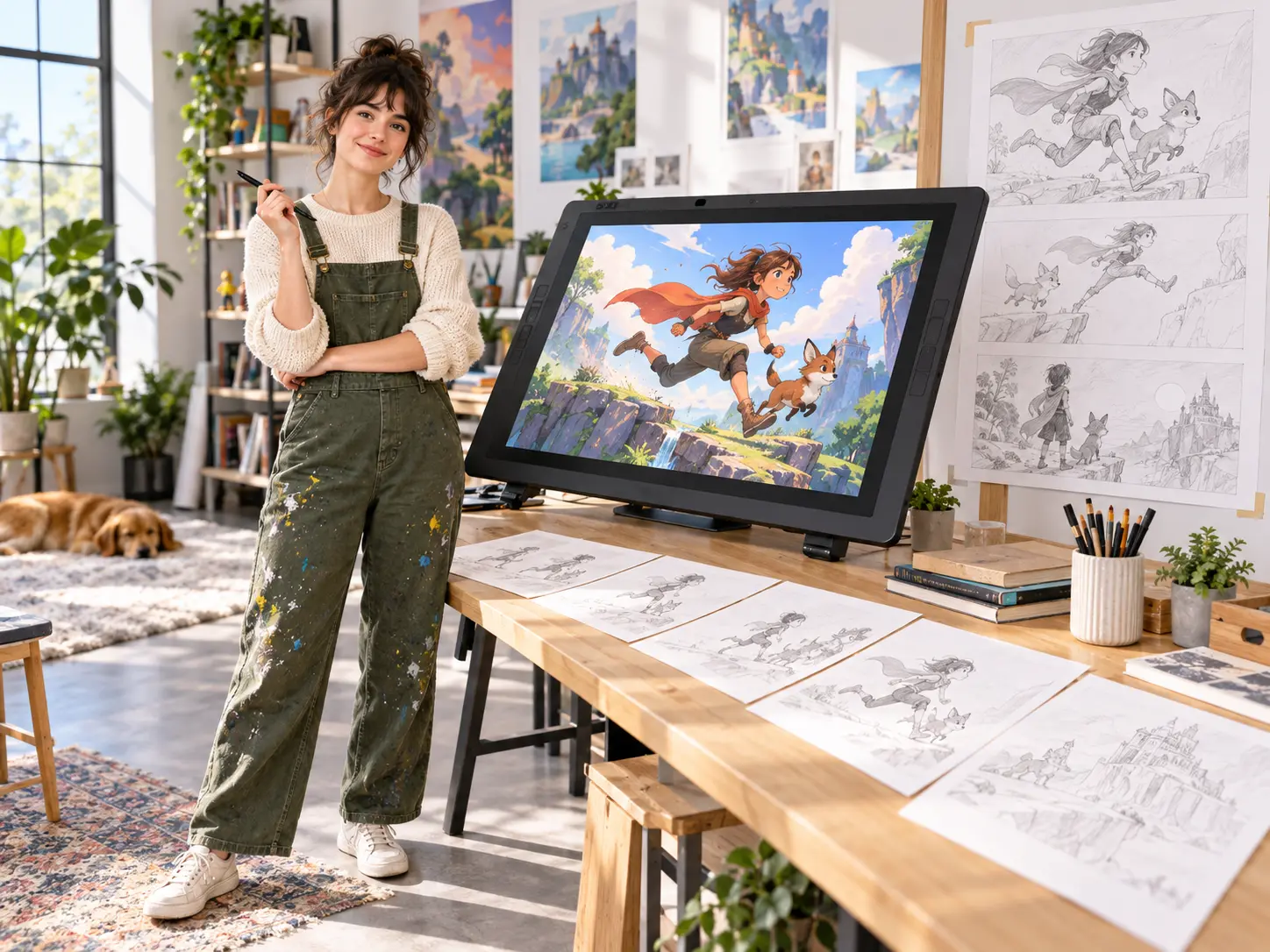 Illustrator developing a dynamic character scene from visual sketches