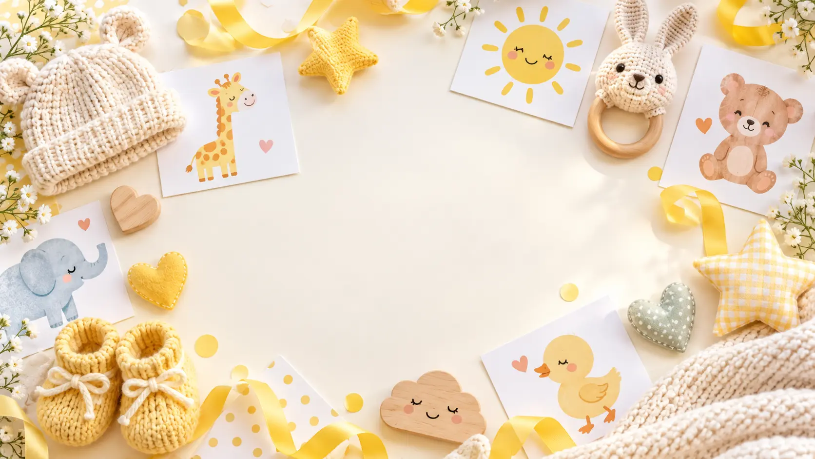 A bright table covered with playful baby meme image prints, tiny props, and colorful paper