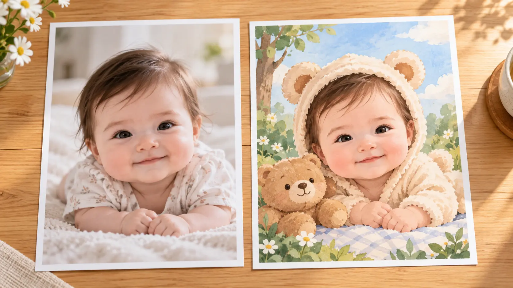 A baby photo beside a playful AI baby meme image inspired by the same expression