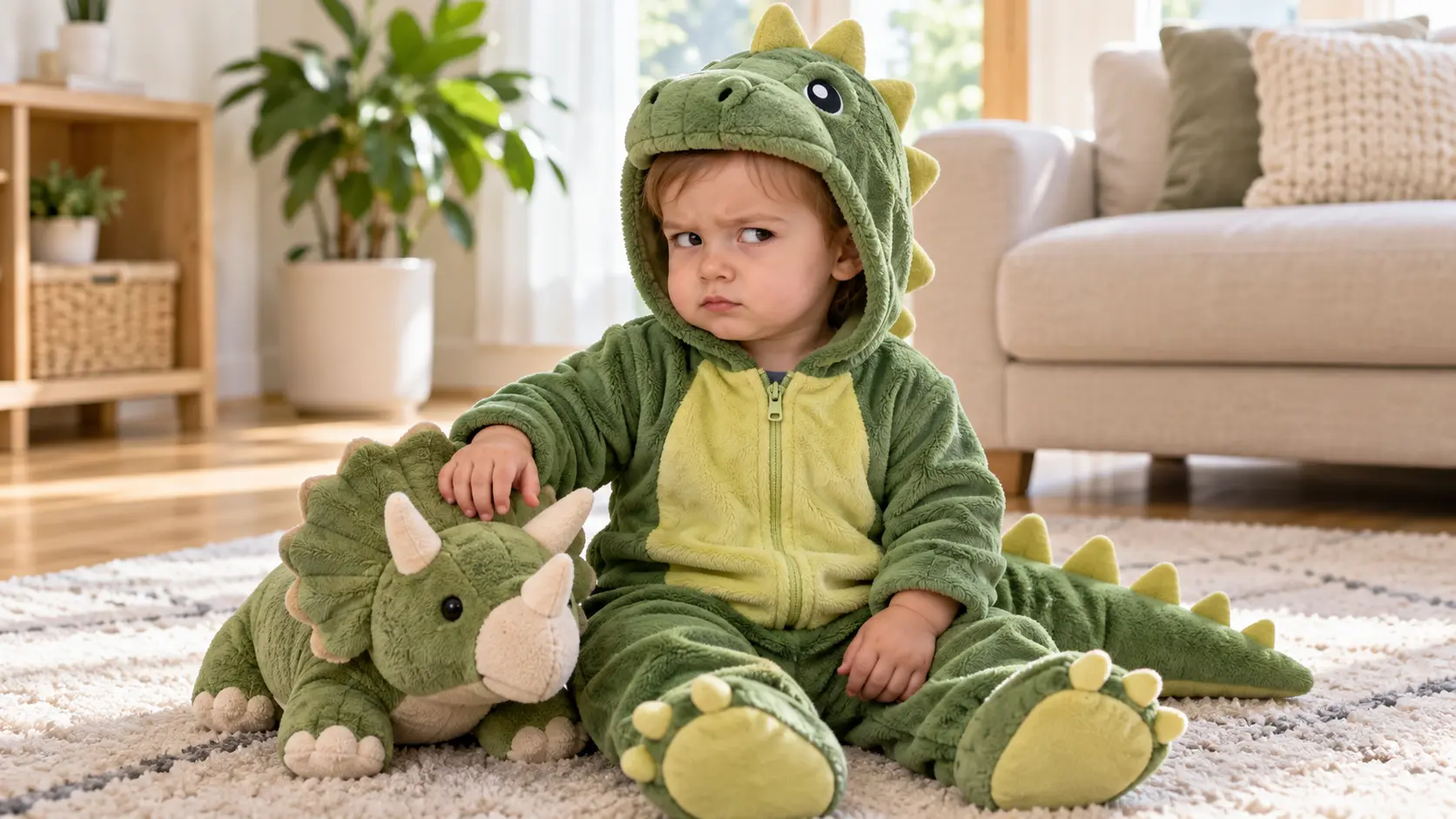 A baby in a dinosaur costume giving a dramatic side-eye in a bright living room