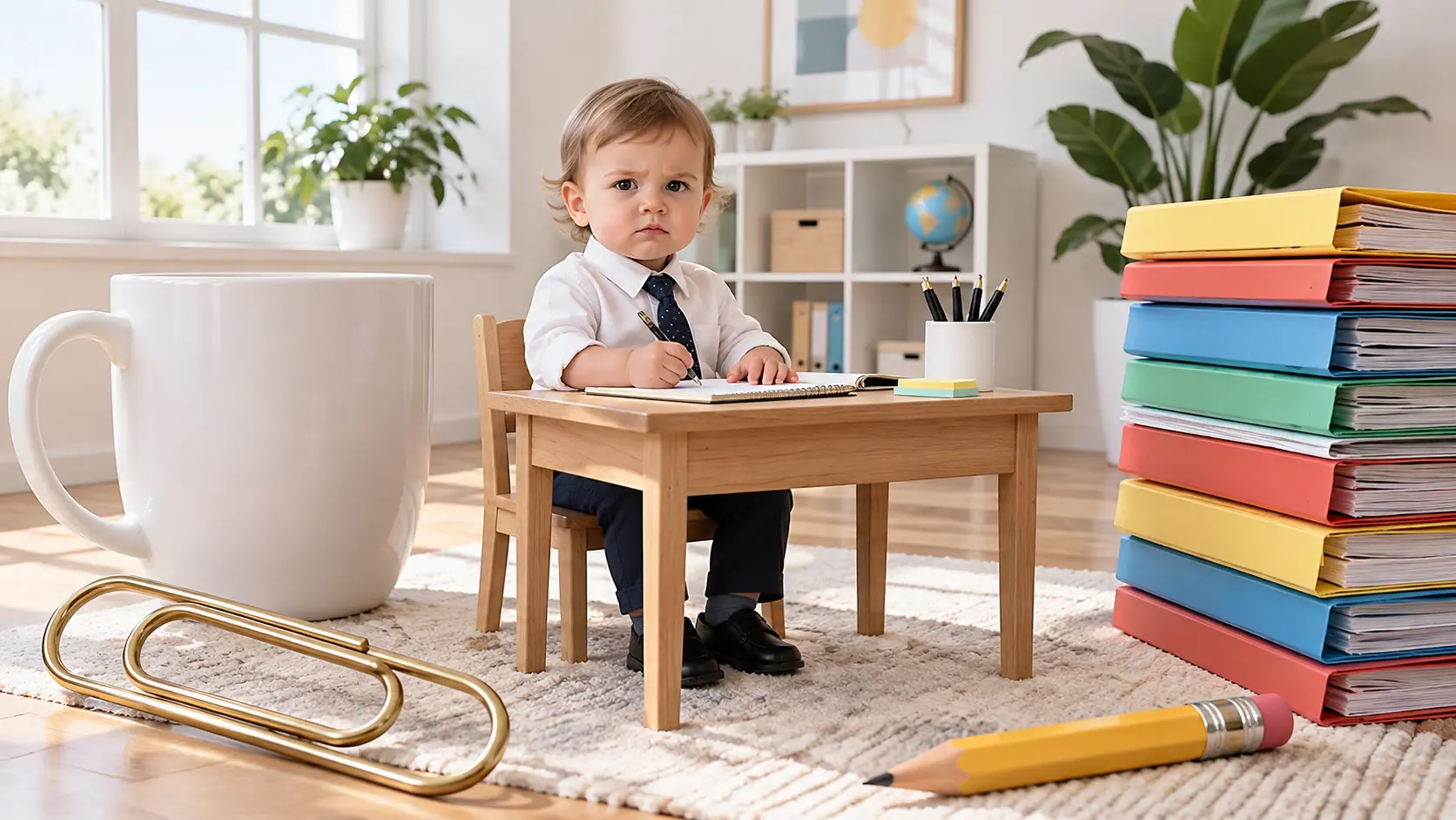 A serious baby seated at a tiny desk while colorful office props tower around the scene
