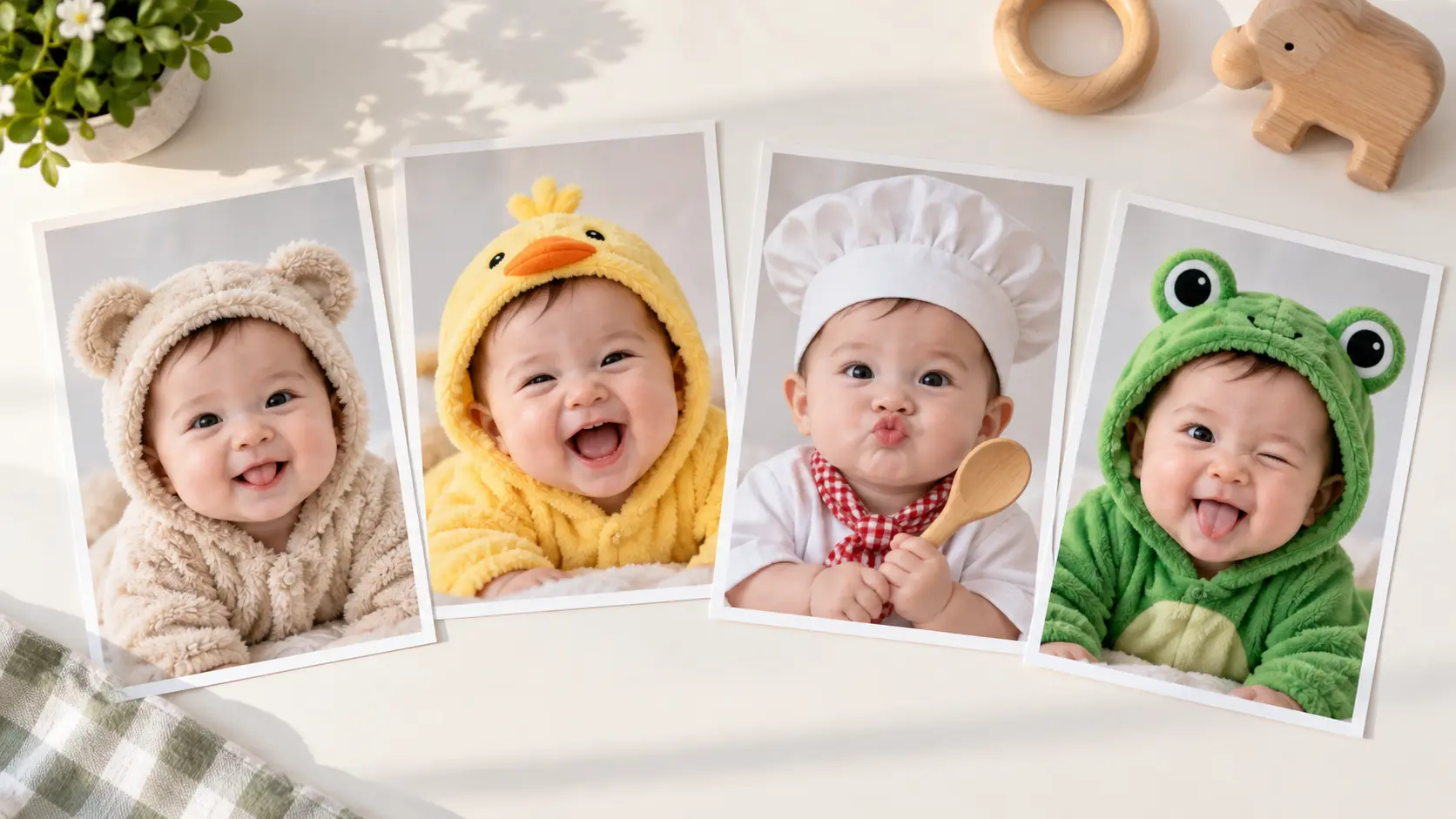 Several playful baby meme image variations arranged as printed cards on a bright table