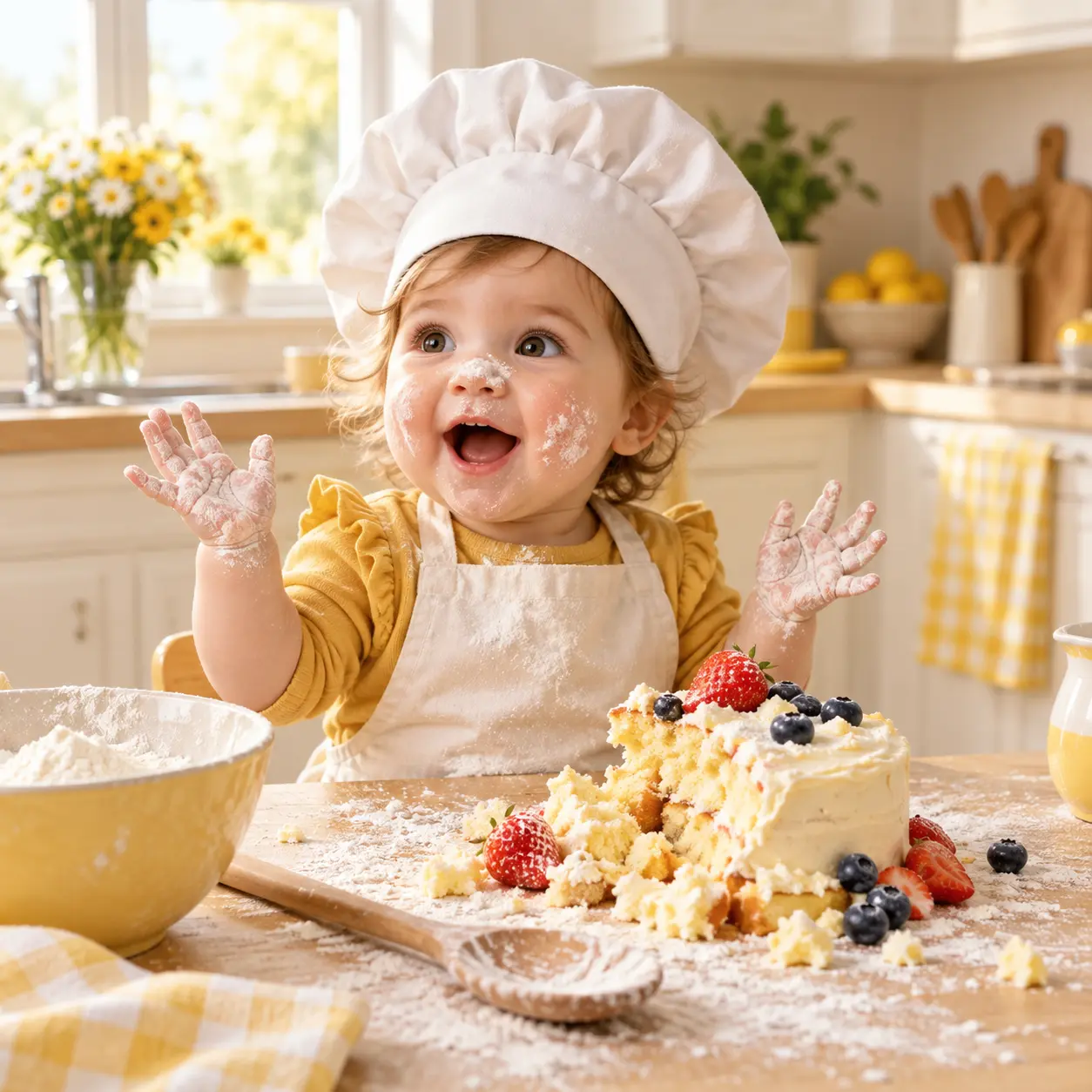 A playful AI baby meme image of a smiling baby in a tiny chef hat beside a toy kitchen
