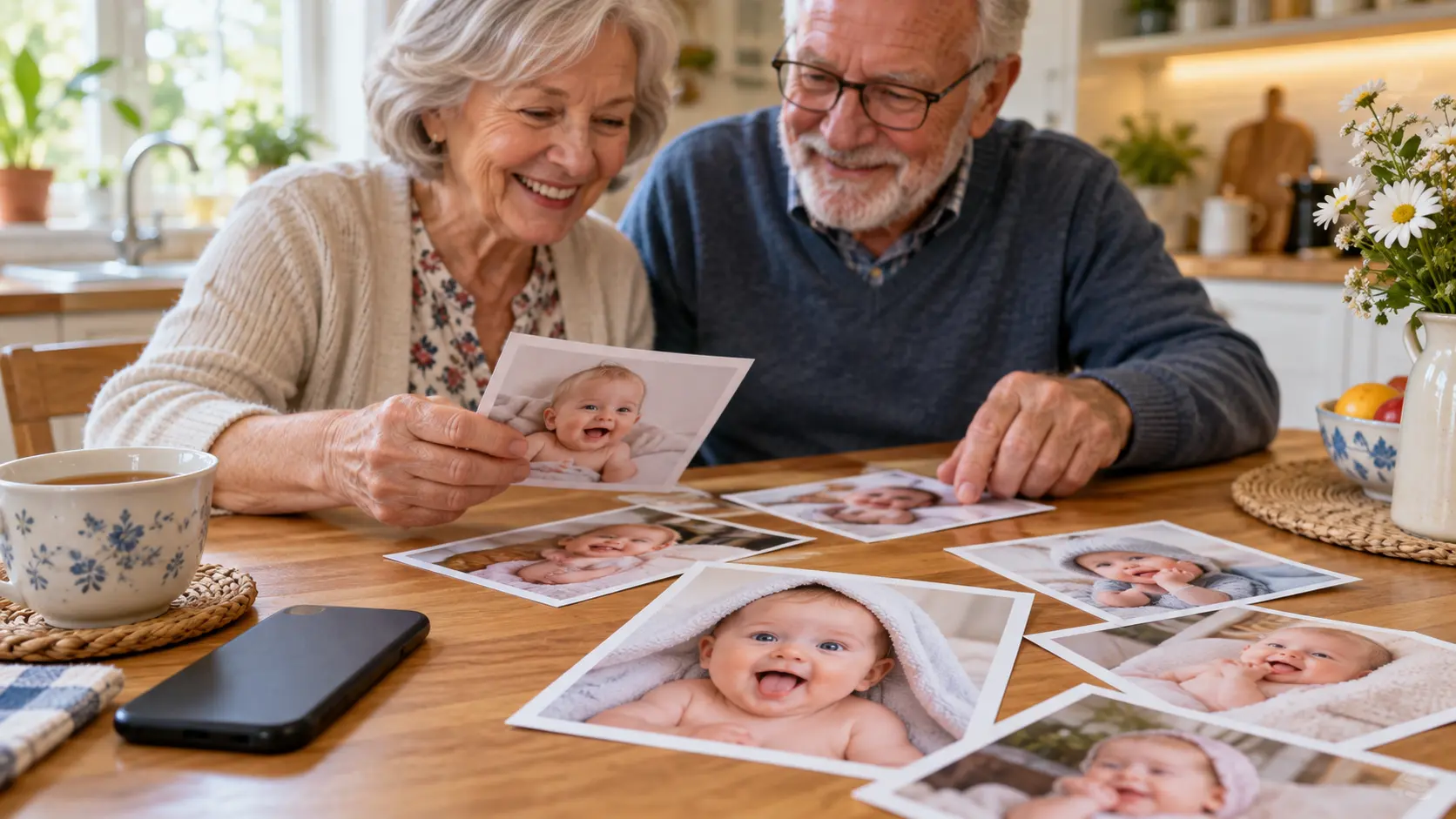 Printed baby meme cards spread beside a phone on a family kitchen table