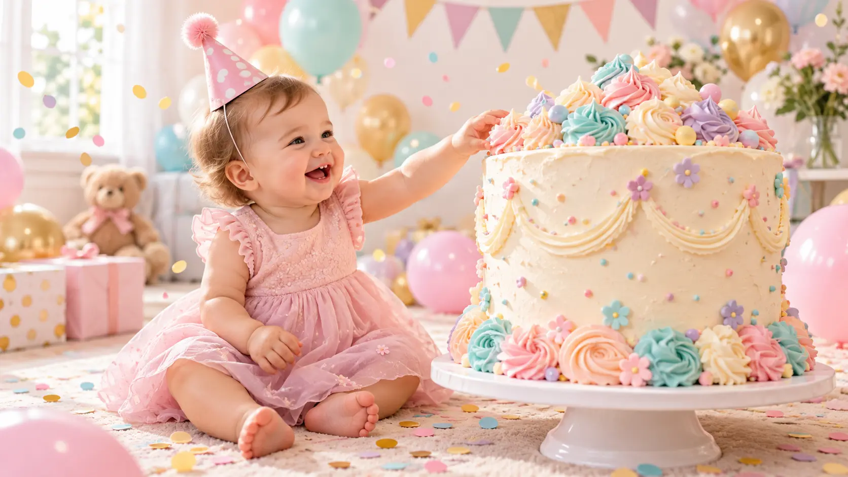 A baby in a party hat posed with a huge birthday cake in a bright celebration scene